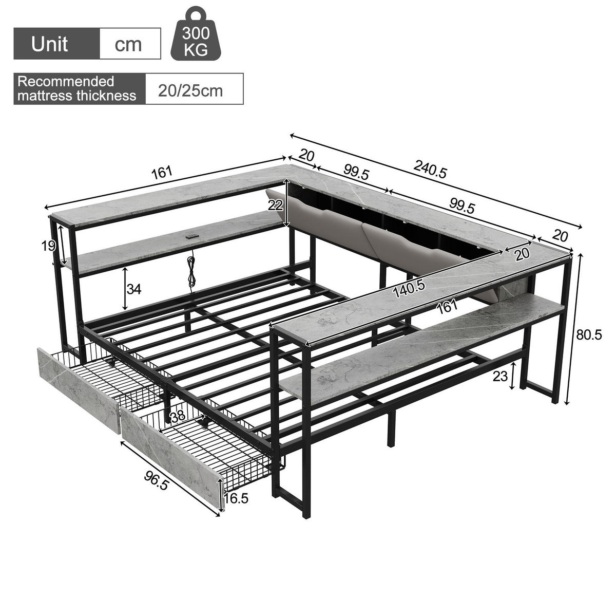 POLSTERBETT 140/200 cm mit USB- und Type-C-Anschluss, 2 Schubladen und 6 Staufächern, Leinenoptik, Grau - Grau, Holzwerkstoff (140/200cm) - Redom