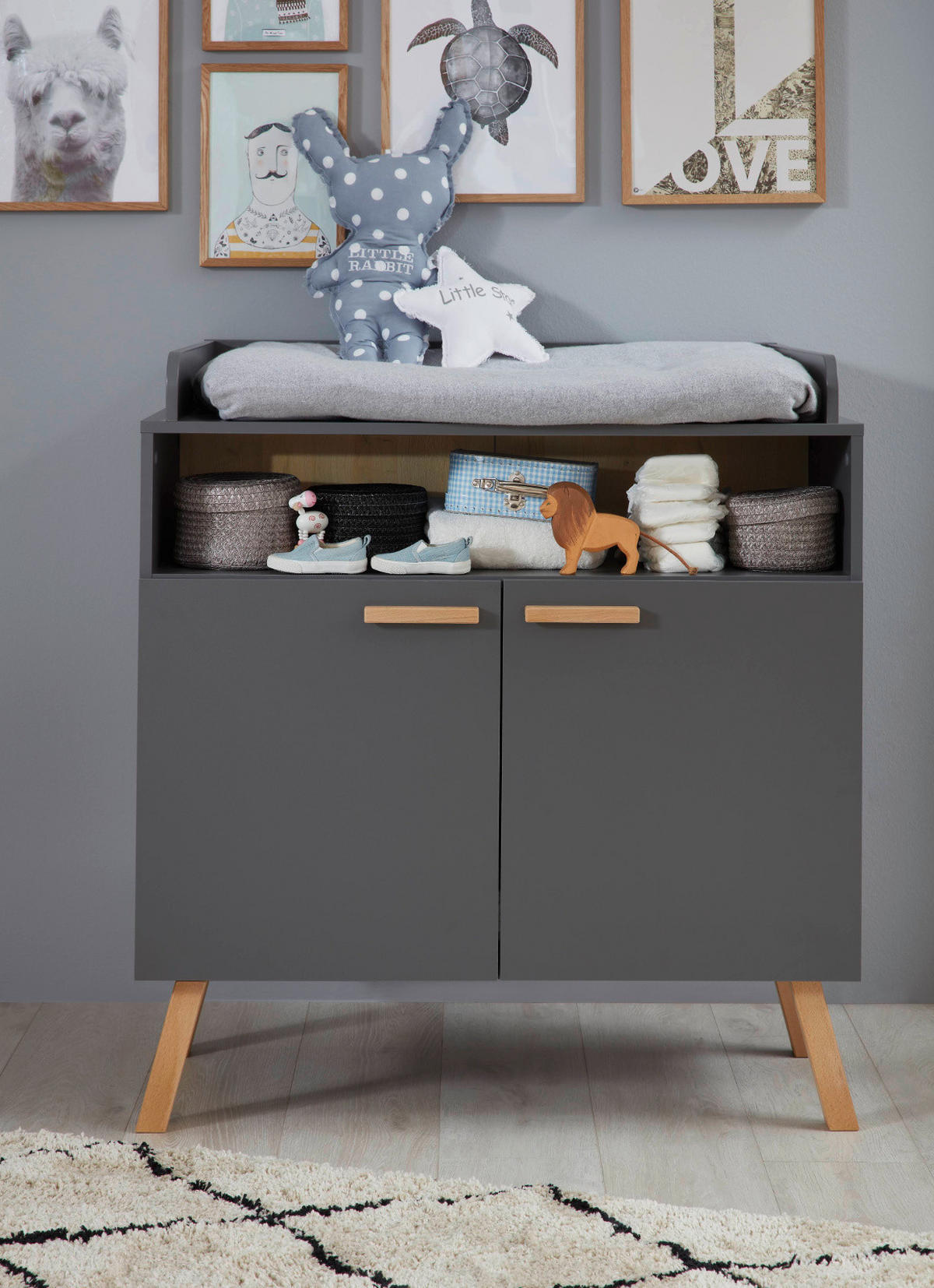 WICKELKOMMODE grau matt mit Buche massiv, Wickeltisch 96 x 105 cm - Eichefarben/Buchefarben, Holz/Holzwerkstoff (78/105/96cm) - Top.Furn