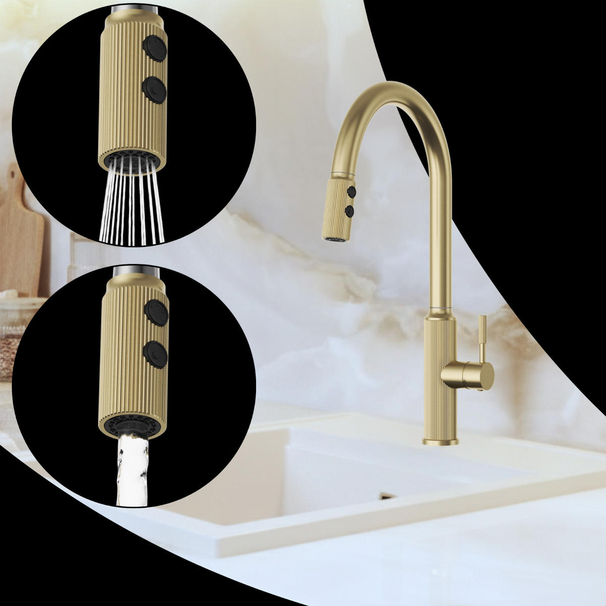 KÜCHENARMATUR Luna Gebürstetes Gold ausziehbar 2 Strahlarten 43 cm 1-tlg. - Goldfarben, Metall (25/43/25cm) - Granitan