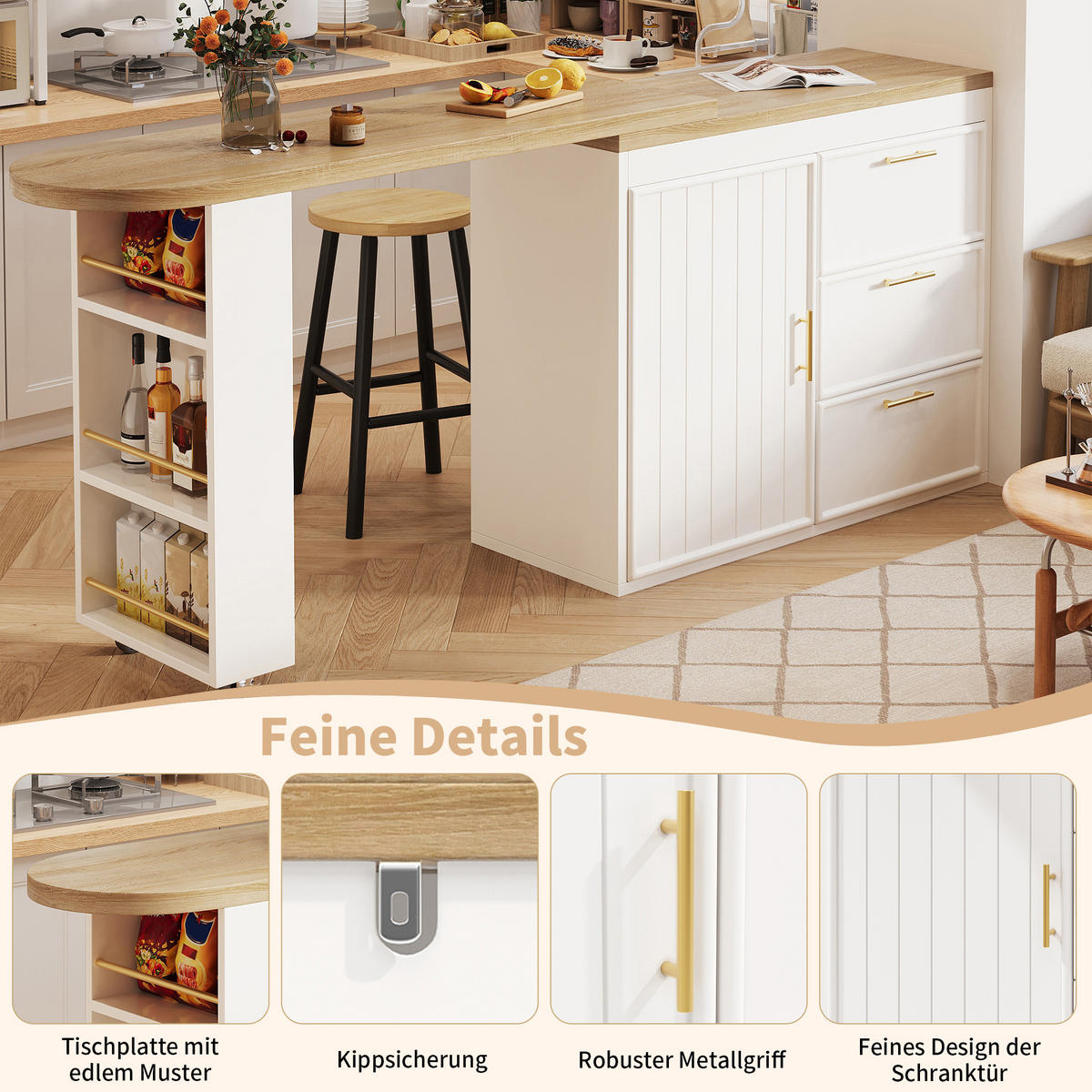 BARTISCH mdf in weiß mit holzoptik, 360° drehbar & 3 schubladen - Weiß, Holzwerkstoff (39/203/90cm) - Urban Meuble