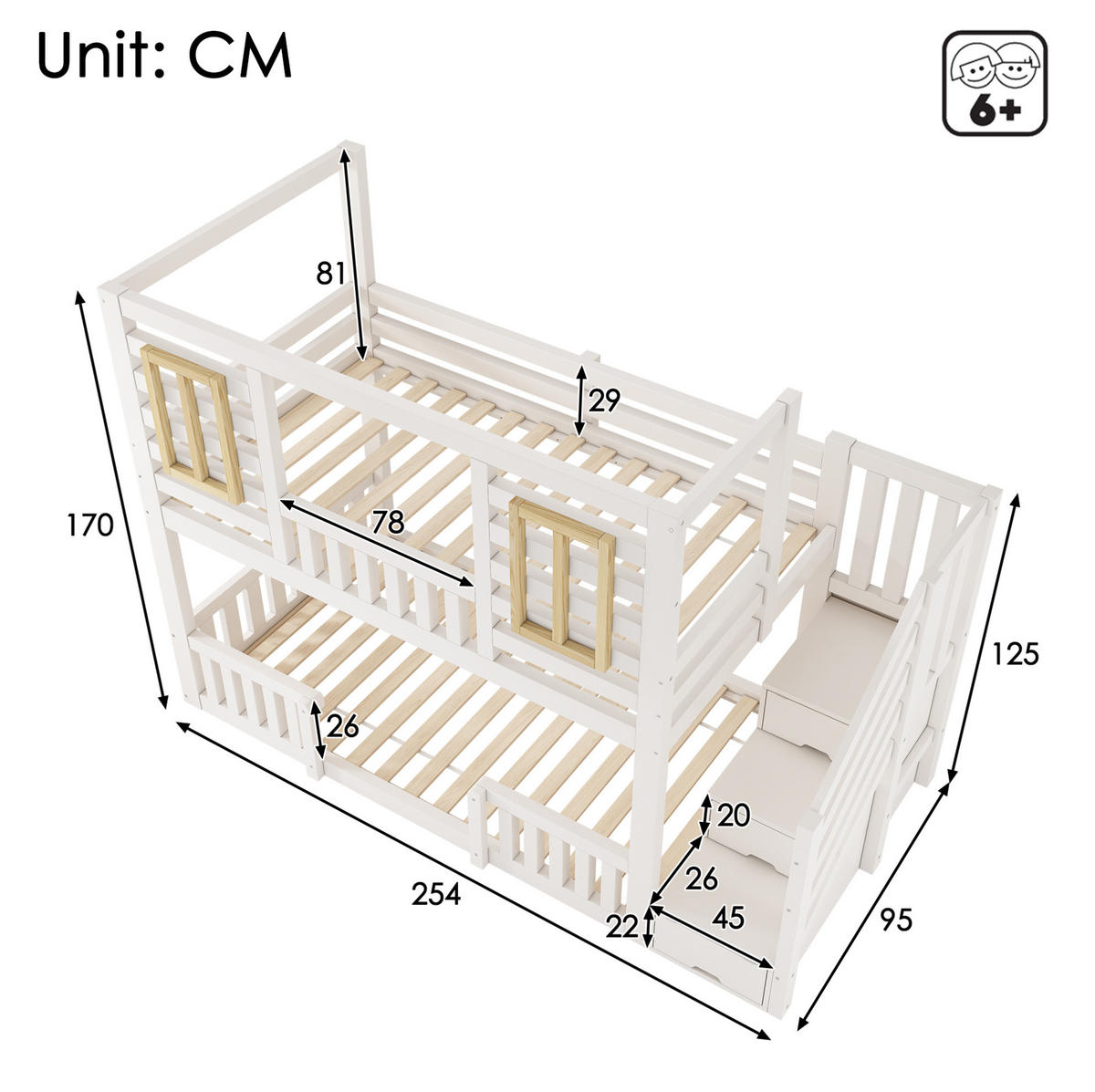 ETAGENBETT 90/200 cm mit Treppenschrank, 2 Liegeflächen und Lattenrost, Weiß - Weiß, Holzwerkstoff (90/200cm) - Redom