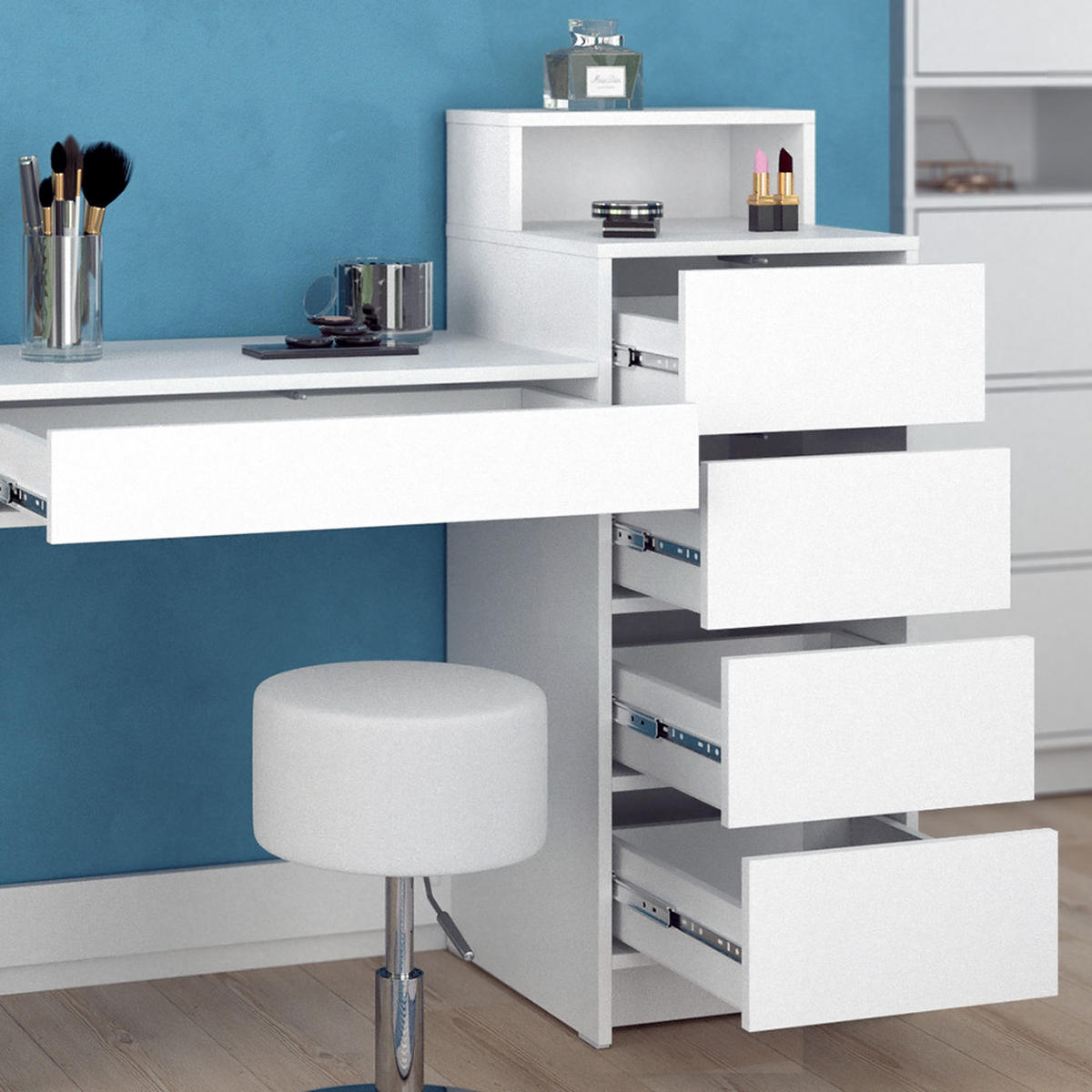 SCHMINKTISCH Naara Weiß 110.5 cm mit Hocker - Weiß, Holzwerkstoff (40.3/110.5/100.6cm) - Vicco
