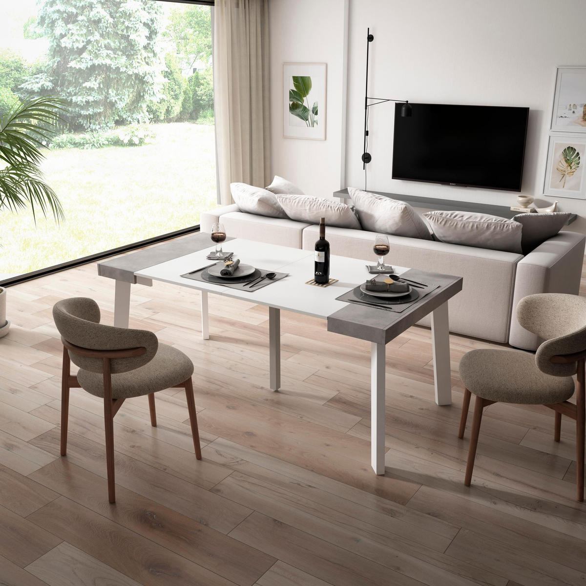 KONSOLENTISCH ausziehbar 58 bis 180cm, für 8 Gäste, weiß zementgrau, 90/58/73cm - Weiß/Grau, Holzwerkstoff (90/180/73cm) - Skraut Home