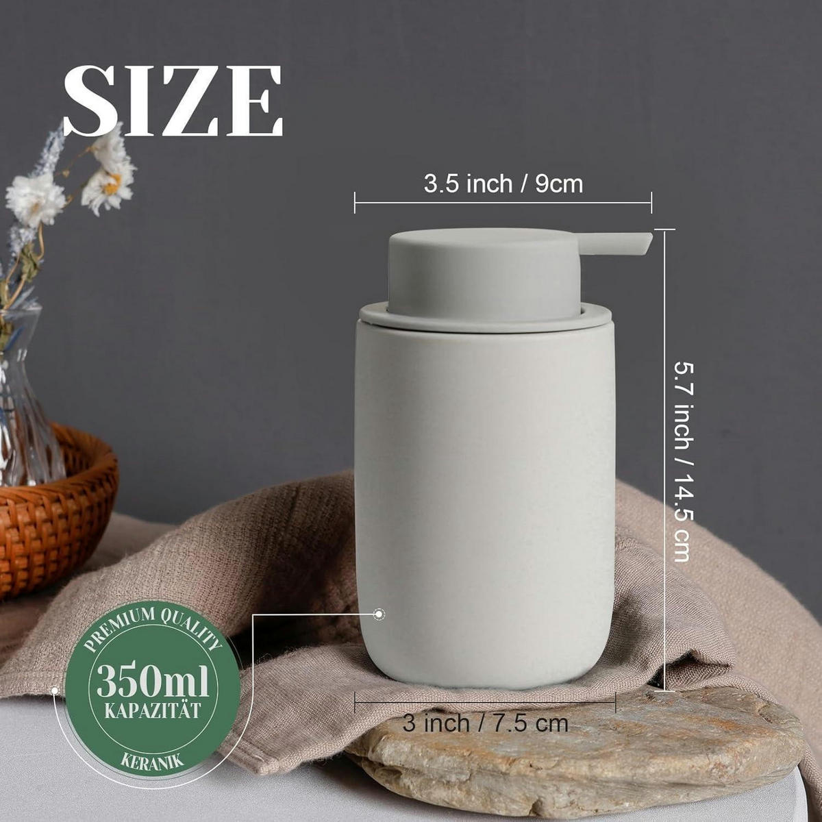 SEIFENSPENDER Set Keramik Grau 2 Stück 350ml - Grau, Keramik (7.5/14.5/7.5cm)