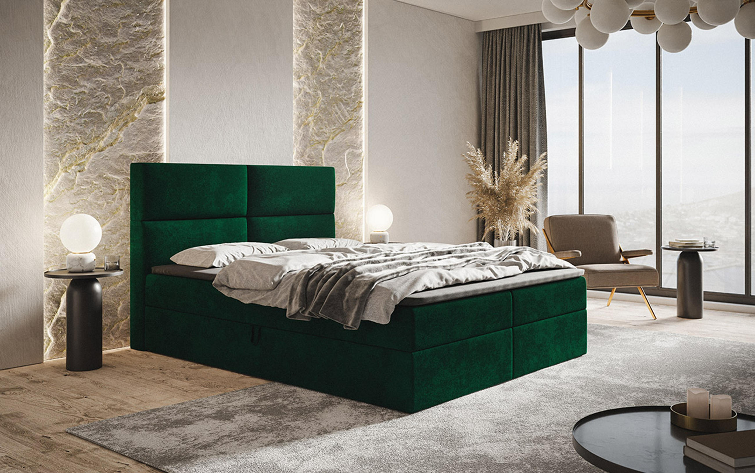 BOXBETT Bonio III 120/200 cm in Grün – mit Bettkasten und Topper - Schwarz/Grün, Holz/Holzwerkstoff (120/200cm) - AX Living