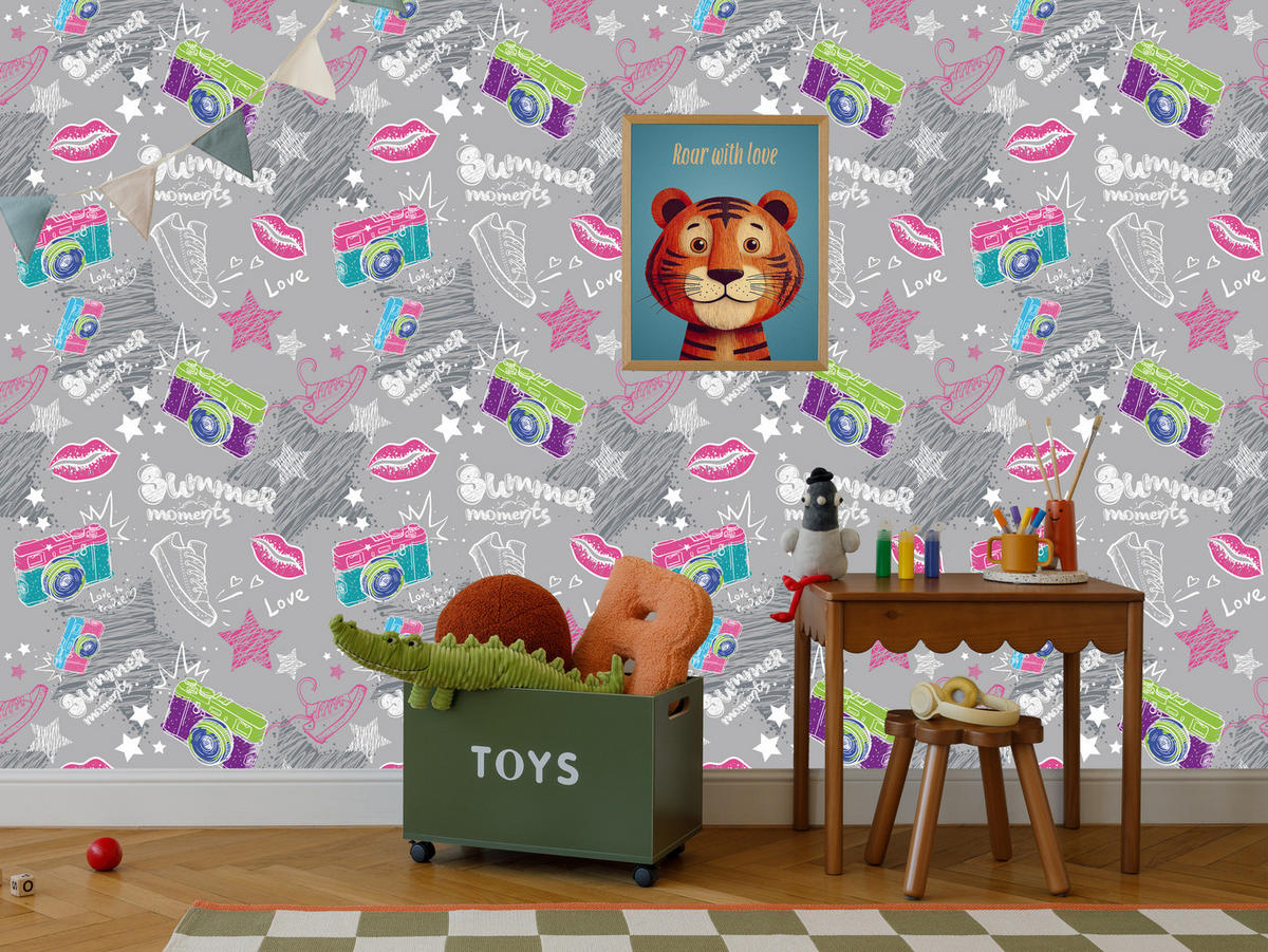 VLIESTAPETE Kameras, Sneaker und Comic-Motive – Rosa, Grün, Grau – 50x1000 cm - Rosa/Grau, Papier (50/1000cm) - Muralo