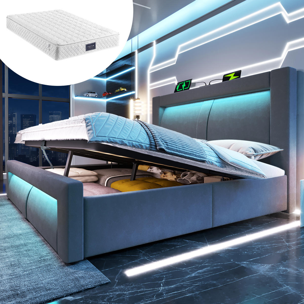 POLSTERBETT 160/200 cm Grau aus Samt mit Stauraum LED und USB/Typ-C mit Matratze - Grau, Textil (160/200cm) - OKWISH