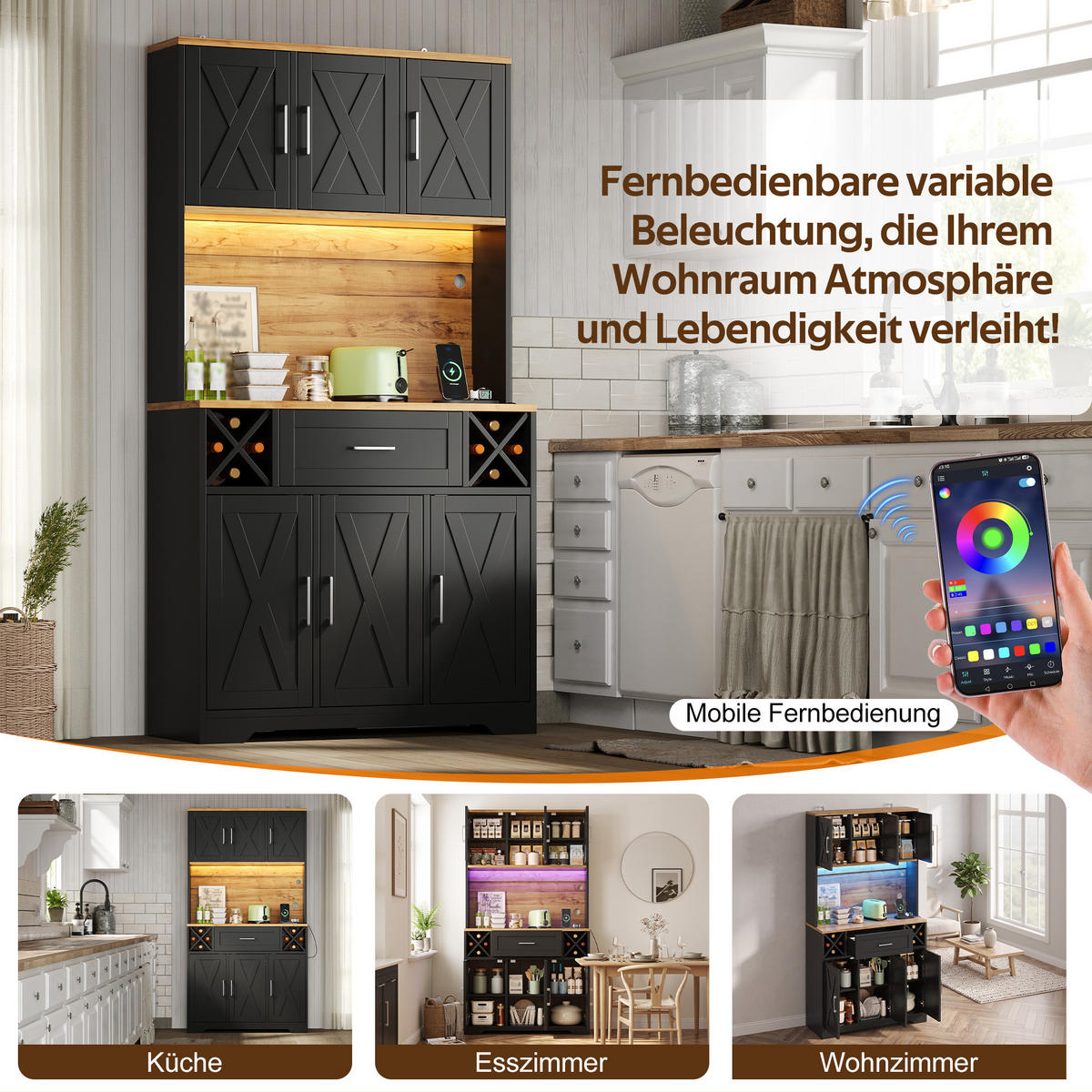 BUFFET DE-38736 105/40/180 cm LED-Beleuchtung und Weinregal Schwarz - Schwarz, Holzwerkstoff (105/180/40cm) - ComfortXL