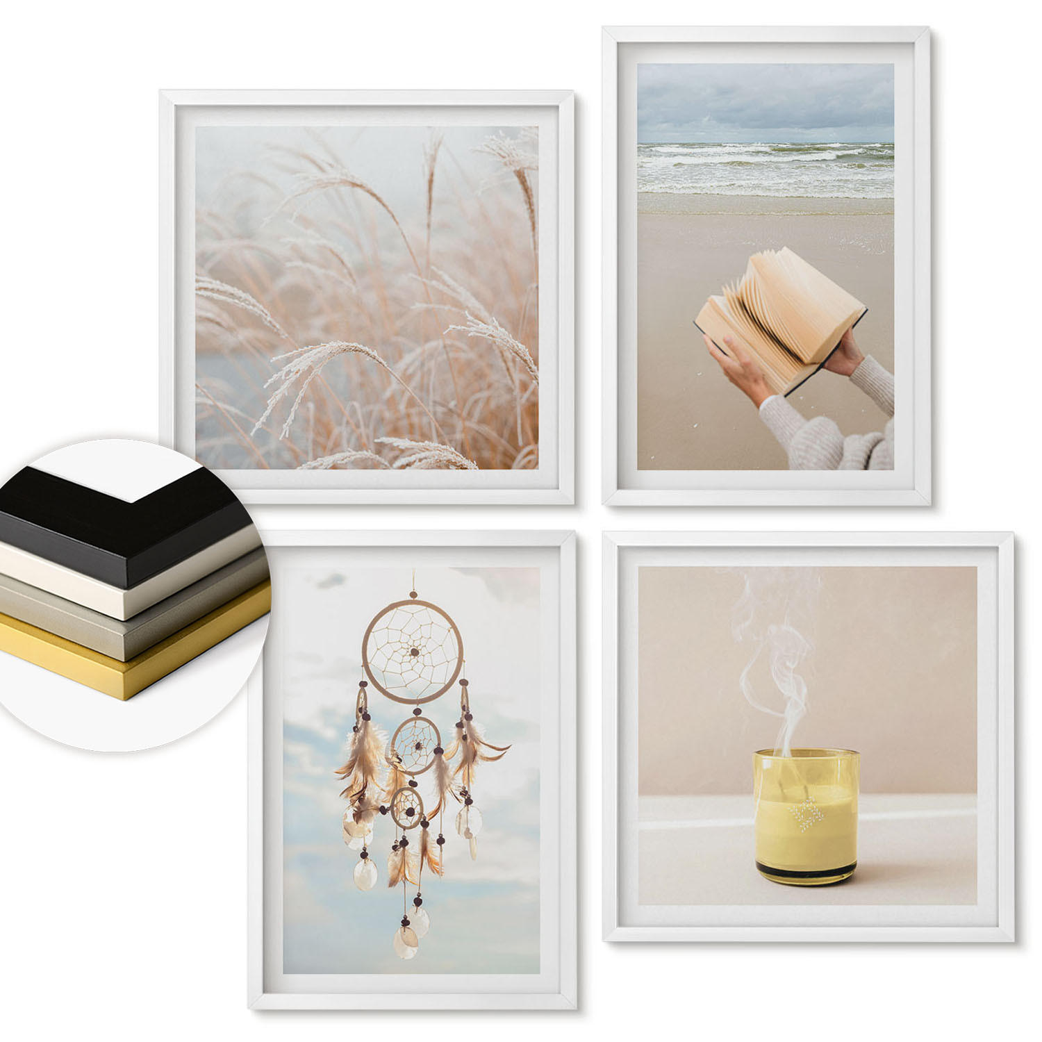 WANDBILDER 4er-Set - 50x50 cm & 40x60 cm Weißer Rahmen - Sommerlandschaften im Boho-Stil - Weiß, Kunststoff (50/50cm) - ArtPrintCave