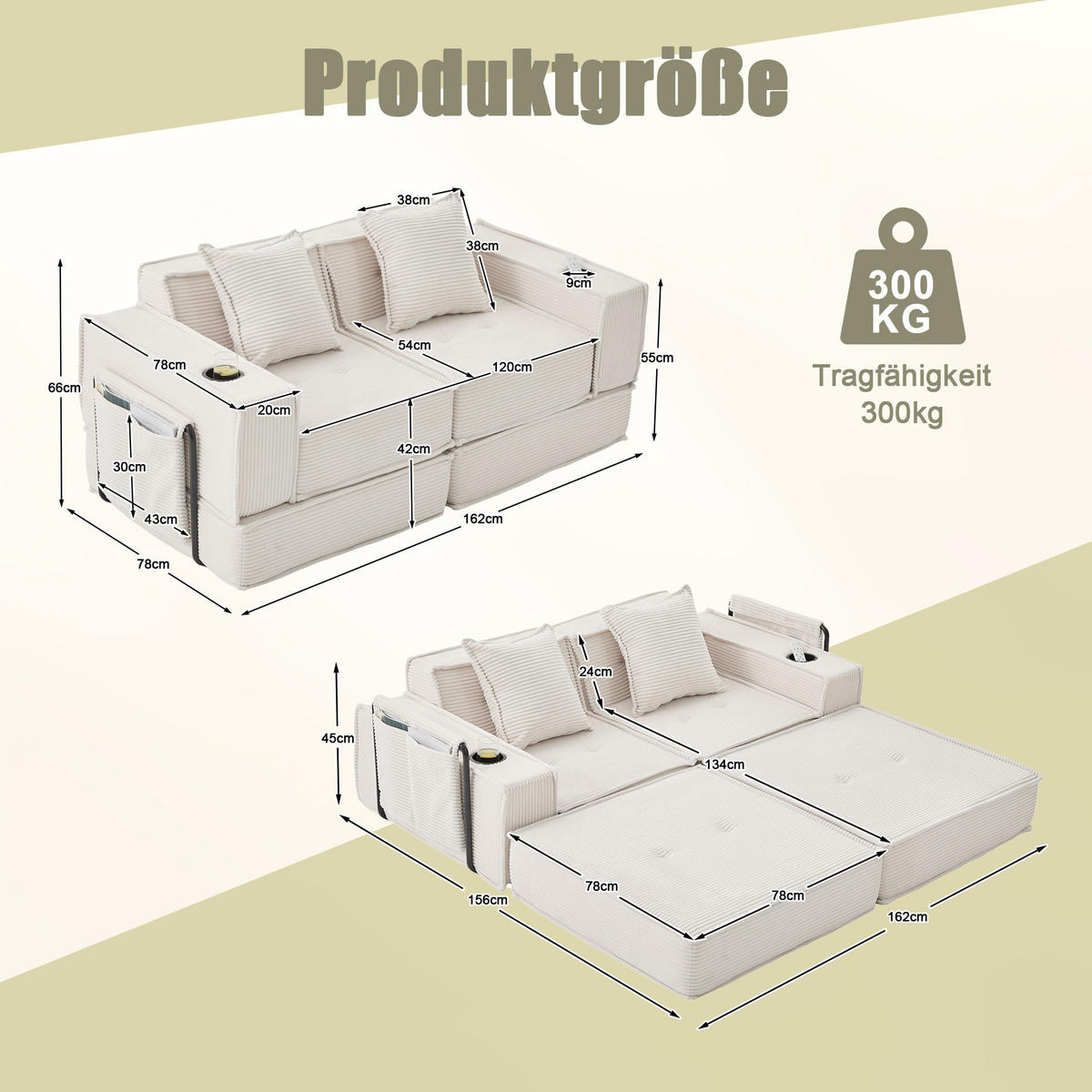 SCHLAFSOFA 162/78/66 cm Beige Cord mit seitlichem Stauraum und Getränkehaltern - Beige, Textil (162/66/78cm) - Oxeza