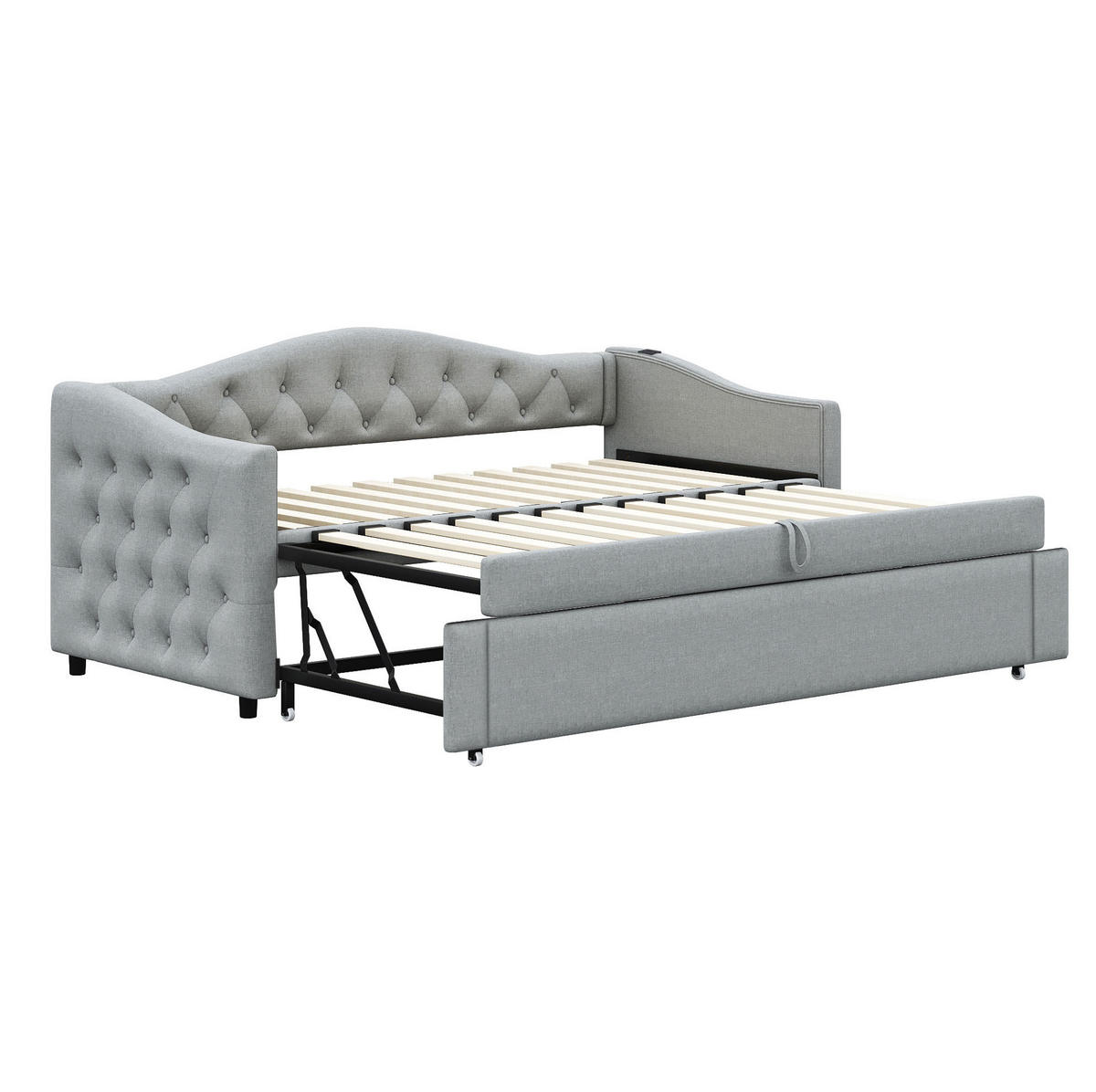 POLSTERBETT aus Leinen 90x200 cm Grau mit USB-Anschluss, ausziehbarer Funktion und Lattenrost - Grau, Textil (90/200cm) - Modfu