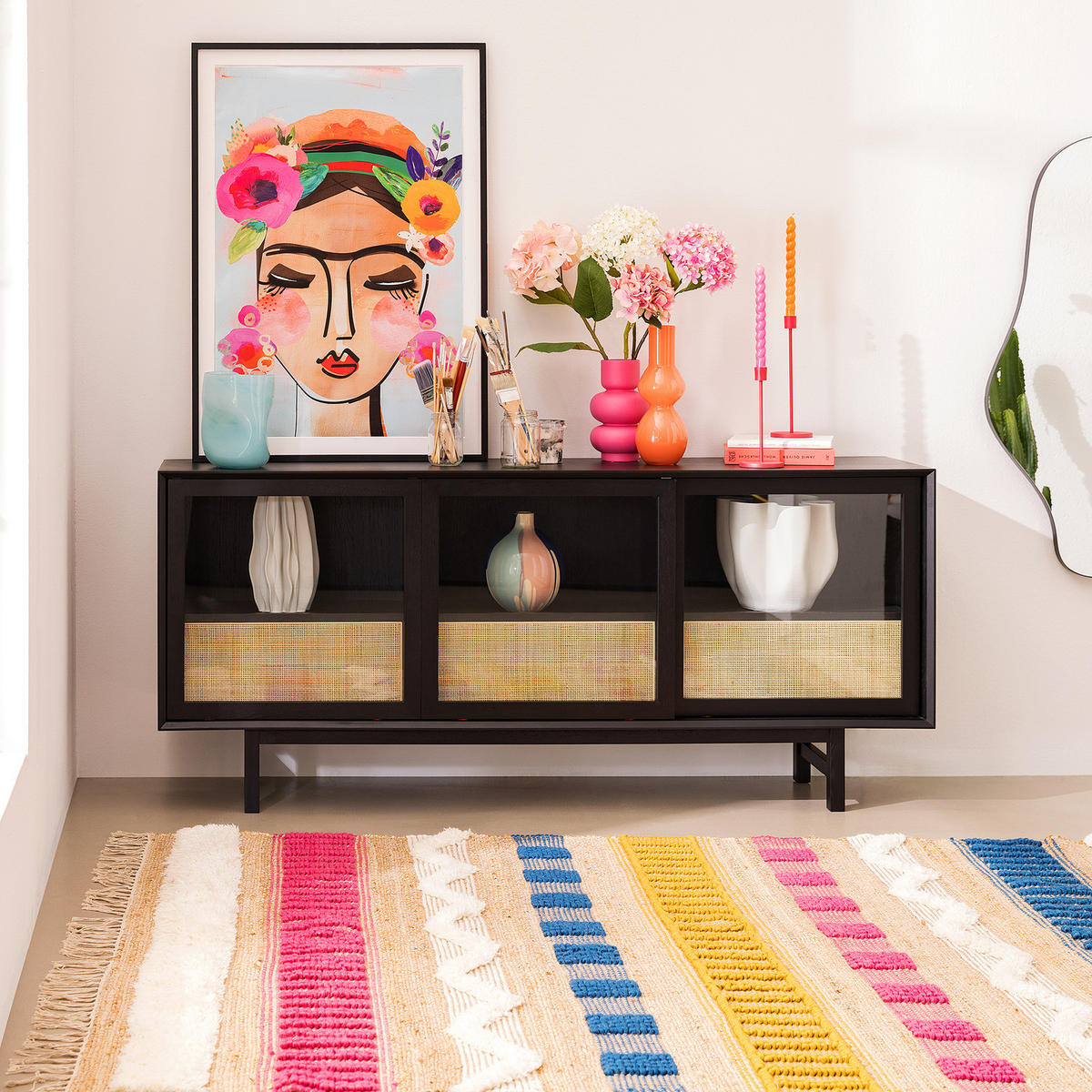 SIDEBOARD mit Schiebetüren - Echtholzfurnier - Gummibaum Schwarz / Beige - Beige/Schwarz, Holzwerkstoff (180/80/40cm) - home24