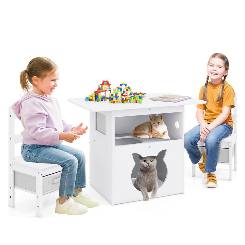 KINDERTISCH mit stuhl weiß(3-tlg) - Weiß, Holzwerkstoff (80/59/52cm) - COSTWAY