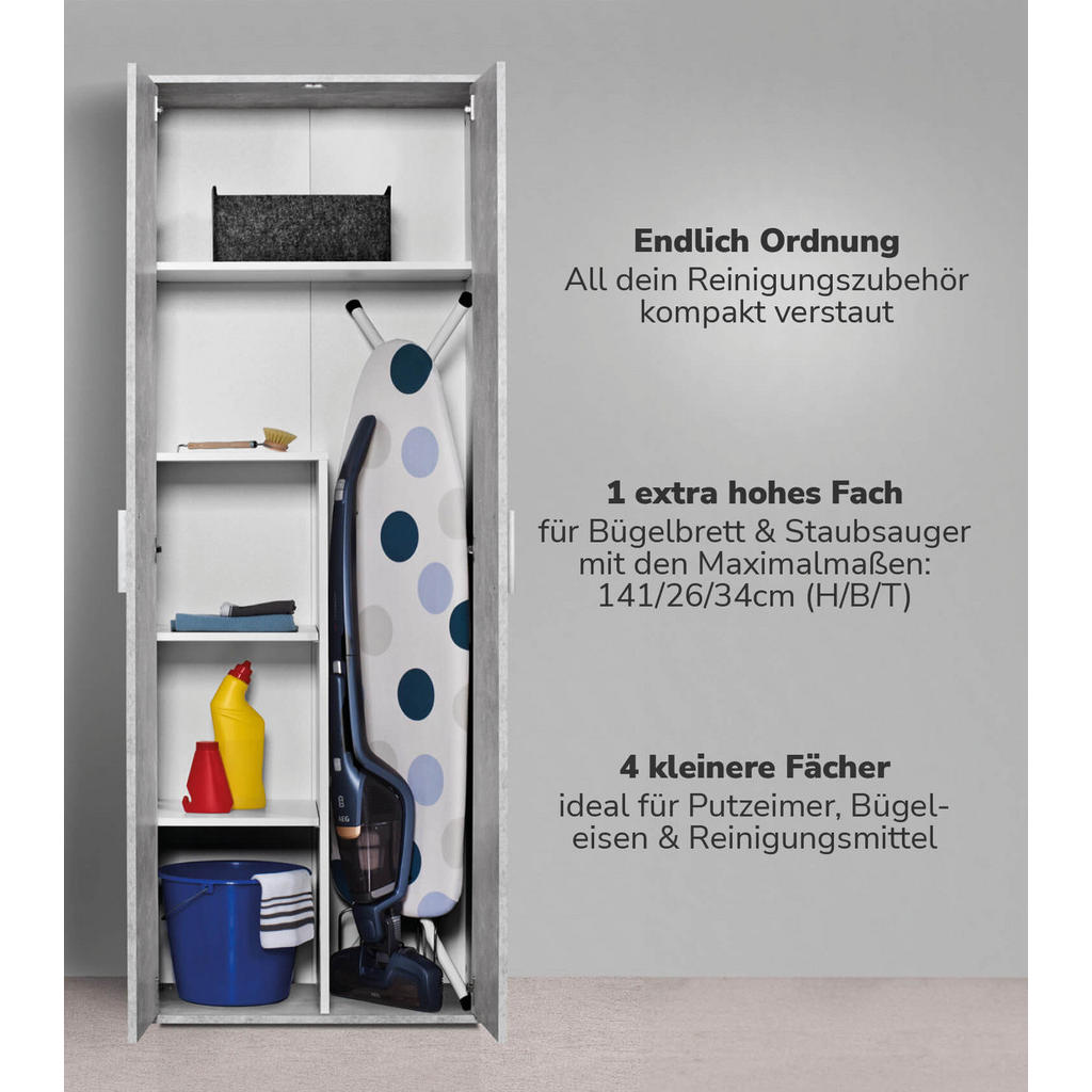 Thumbnail - Mokebo Besenschrank, Grau, Holzwerkstoff, 4 Fächer, 60x180x34 cm, Waschküche, Mehrzweckschränke