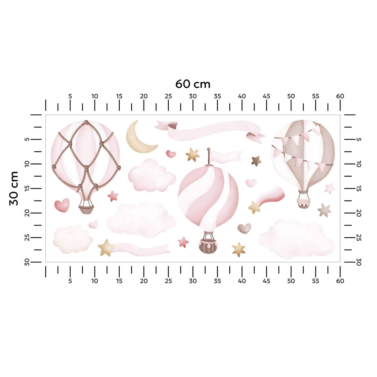 STICKER SET für Kinder rosa Luftballons Wolken Sterne Boho 60x30 - Beige/Rosa, Papier (60/30/1cm) - Muralo
