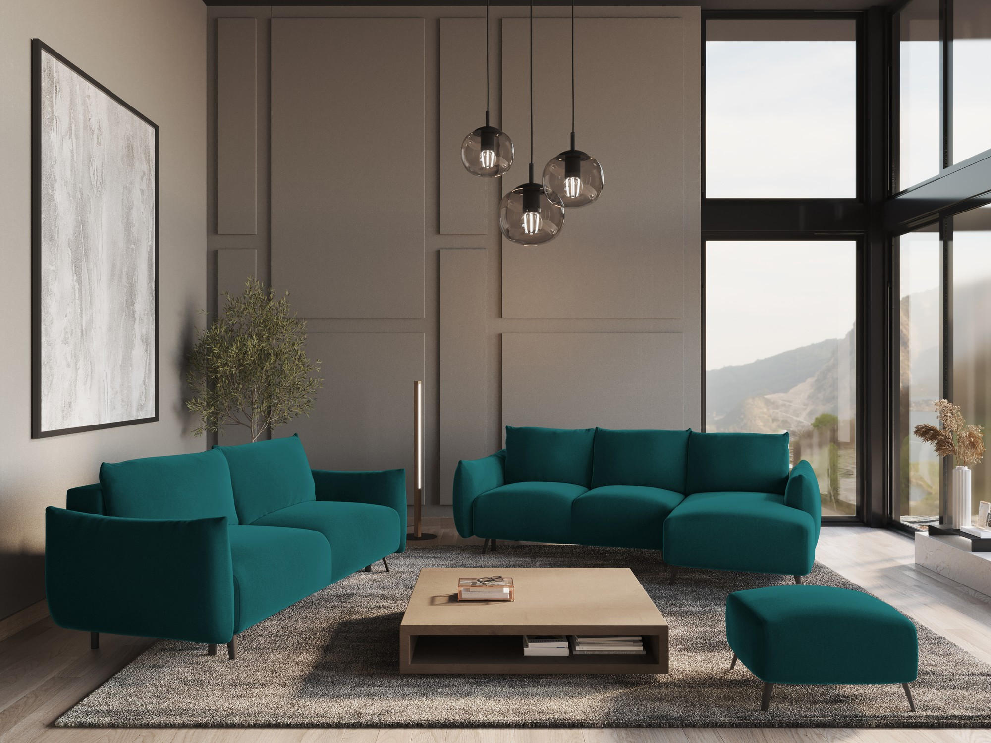 POUF Samt Stoff Blau - Blau/Petrol, Textil/Metall (65/44/65cm) - Makamii