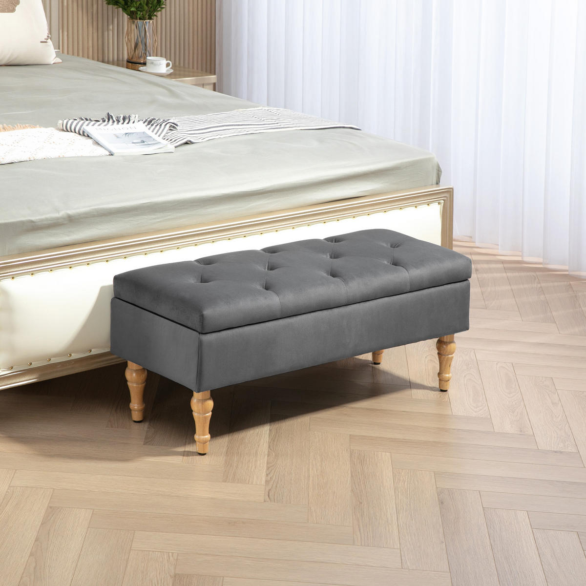 TRUHENBANK DE-16394 mit Klappdeckel und Knopfheftung Dunkelgrau - Dunkelgrau, Textil (102/41/38cm) - ComfortXL