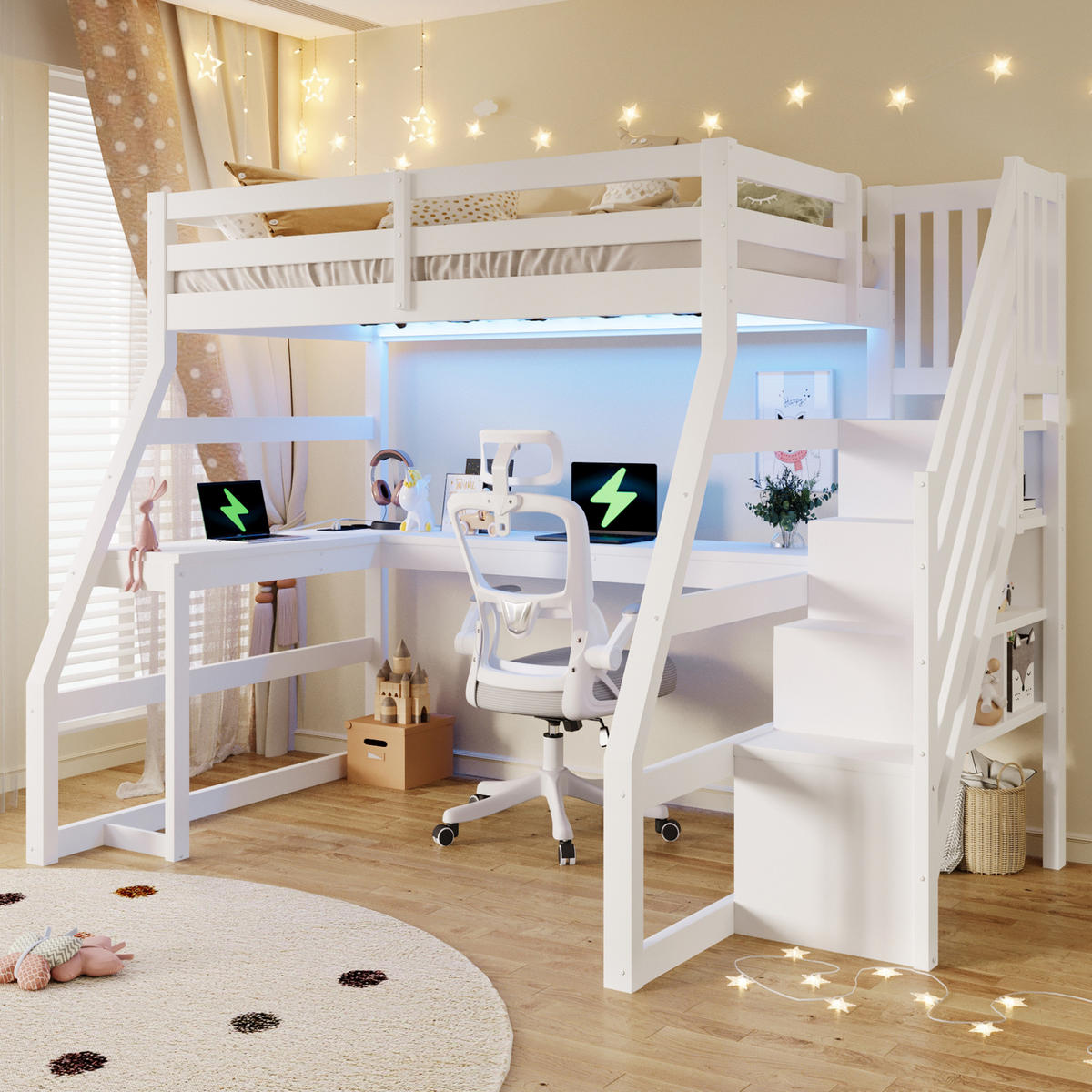 HOCHBETT 90/200 cm, Weiß mit L-förmigem Schreibtisch, LED und Stauraumtreppe - Weiß, Holz (90/200cm) - MIVRAY