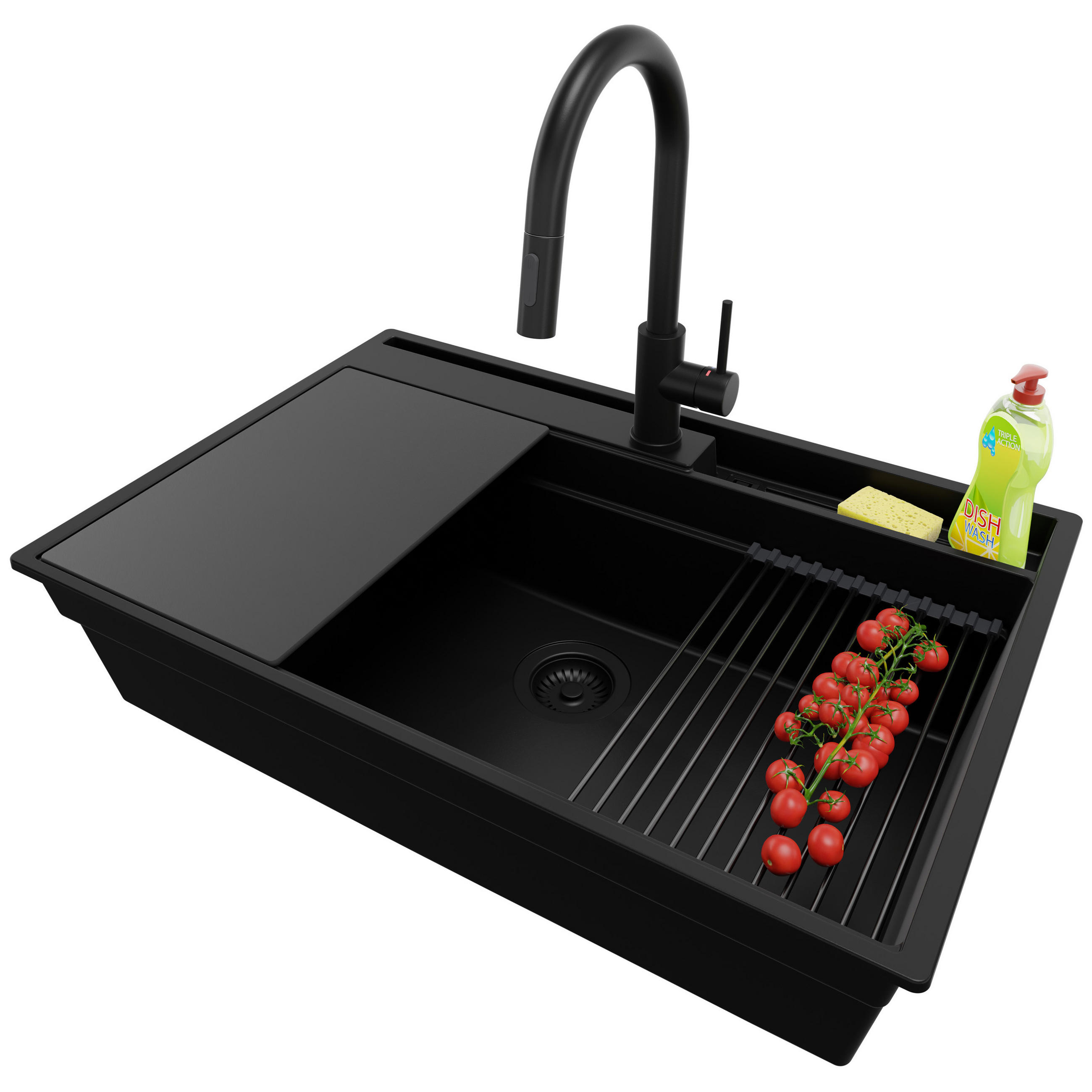 GRANITSPÜLE Oslo Pocket, 2-er set Alles Schwarz 78/53 cm 1 Becken + Küchenarmatur 40/20 cm + Ablauf-Set + Küchenzubehörset ab 80er Unterschrank - Schwarz, Kunststoff (78/20/53cm) - Primagran