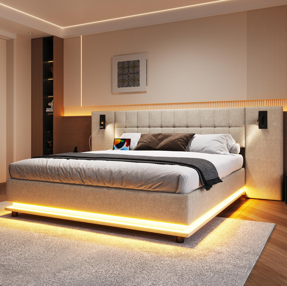 POLSTERBETT 180/200 cm Beige mit LED-Beleuchtung, Spot und USB-Anschluss aus Leinen - Beige, Textil (180/200cm) - OKWISH
