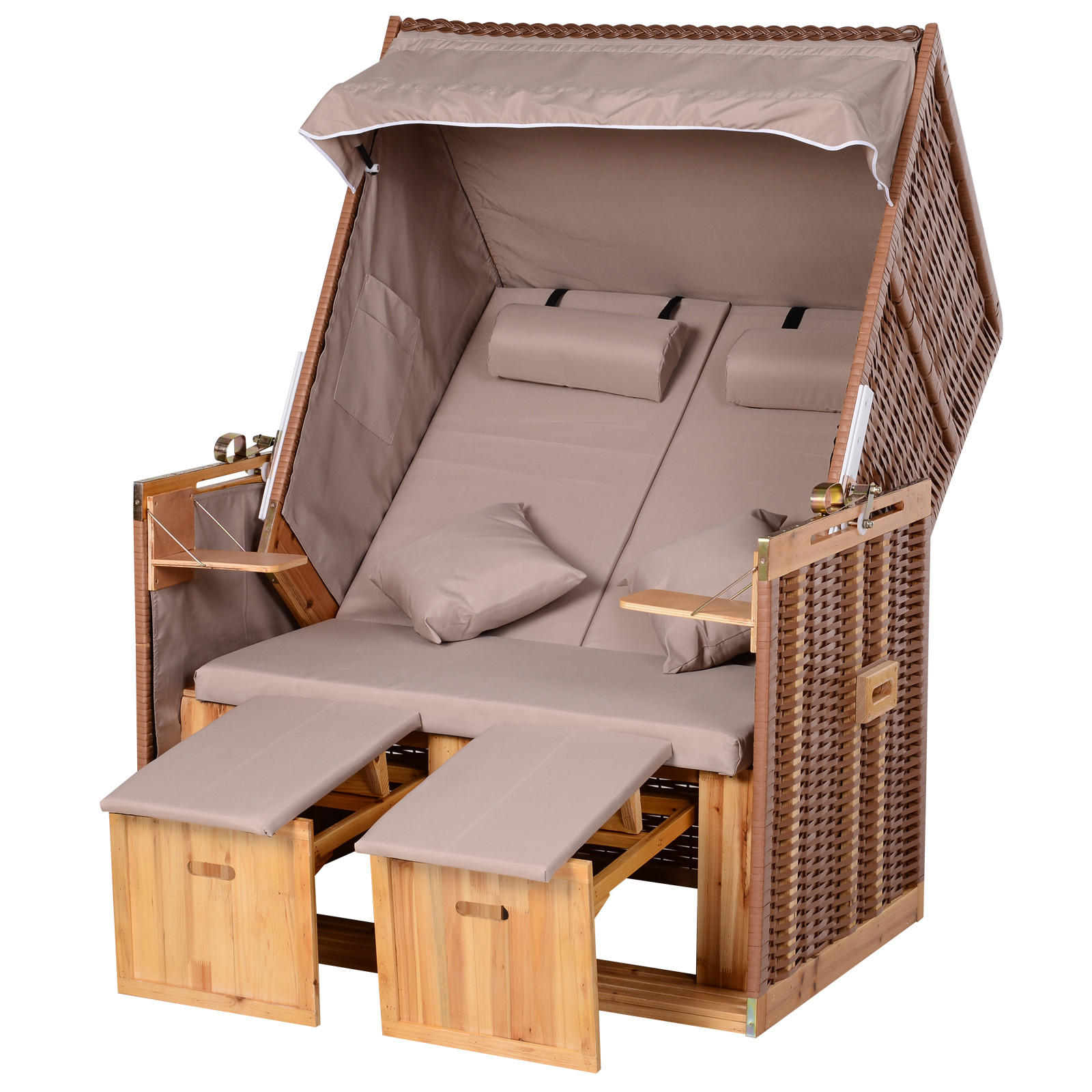 STRANDKORB mit Klapptisch Sitzhocker Getrankehaltern PE Rattan Beige - Beige, Kunststoff (79/150/118cm) - Outsunny