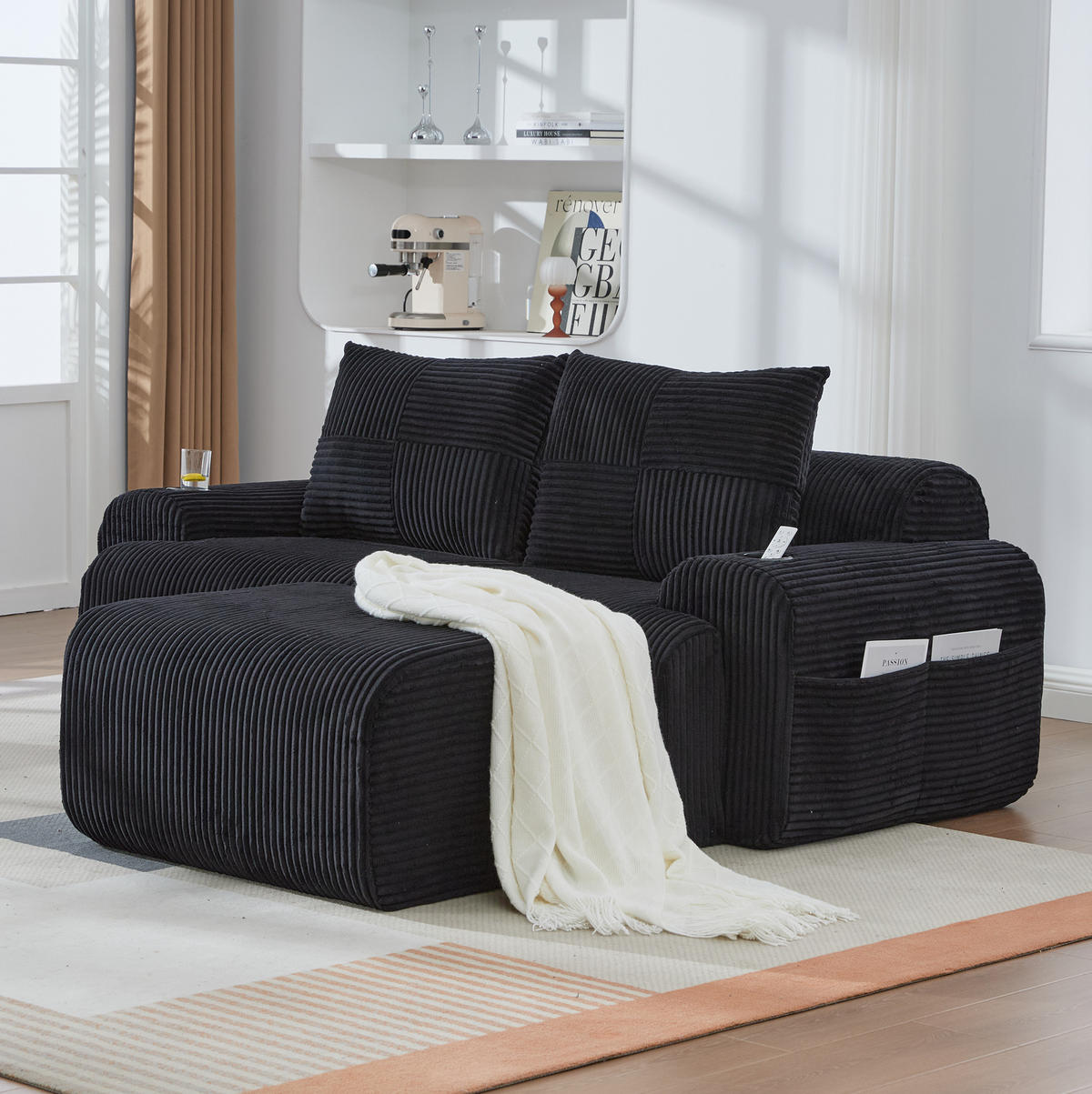 SOFA modular 200 x 174 cm Corduroy Black mit Cupholder - Schwarz, Kunststoff (174/200cm) - Meubliv
