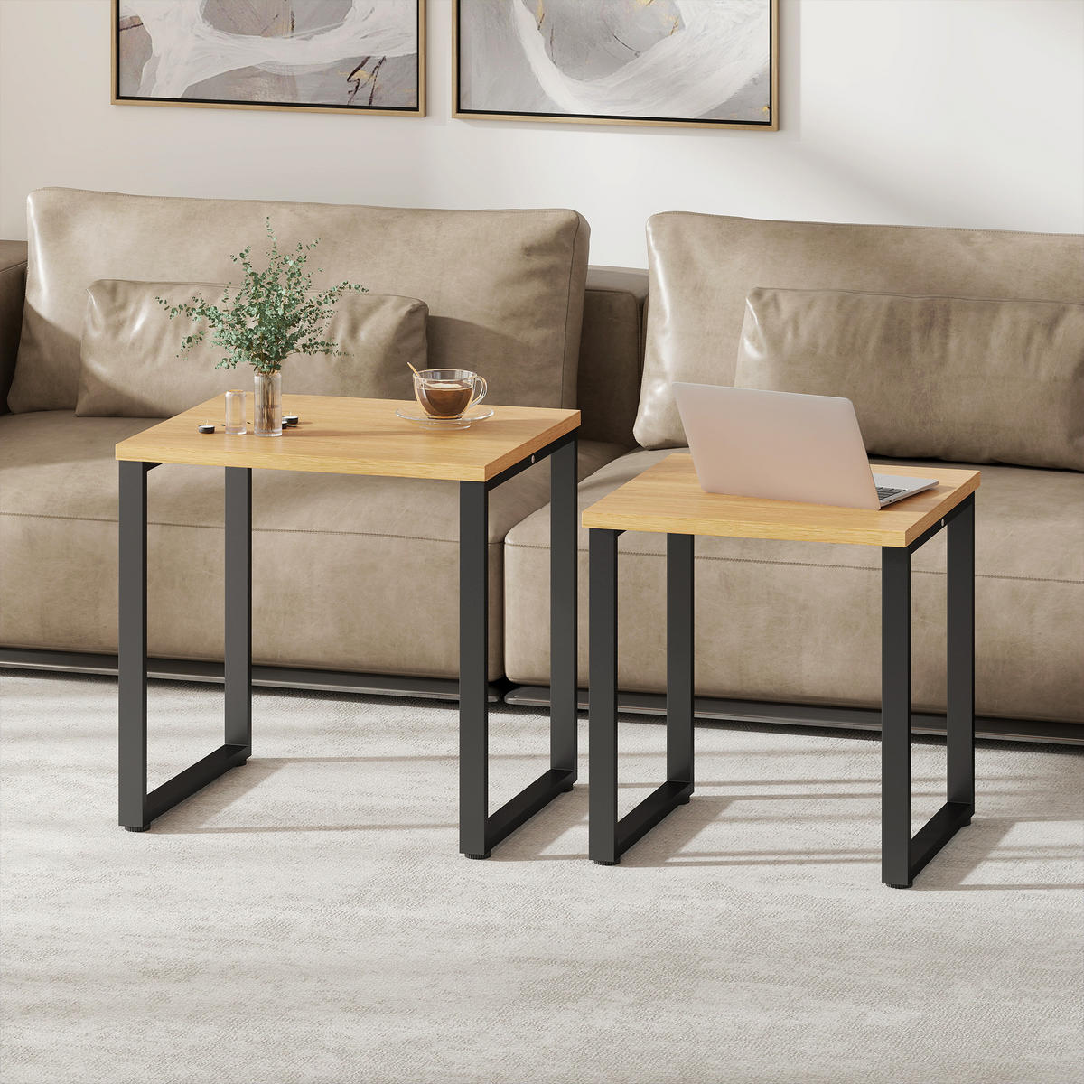 COUCHTISCH 2er Set Wohnzimmertisch mit Metallrahmen für Wohnzimmer Natur - Schwarz/Naturfarben, Holzwerkstoff/Metall (60/50/60cm) - HOMCOM