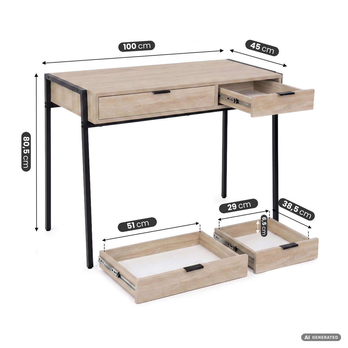 SCHREIBTISCH ZENTIA 100 cm Sonoma Eiche - Schwarz/Sonoma Eiche, Holzwerkstoff (100/45/80.5cm) - Akord