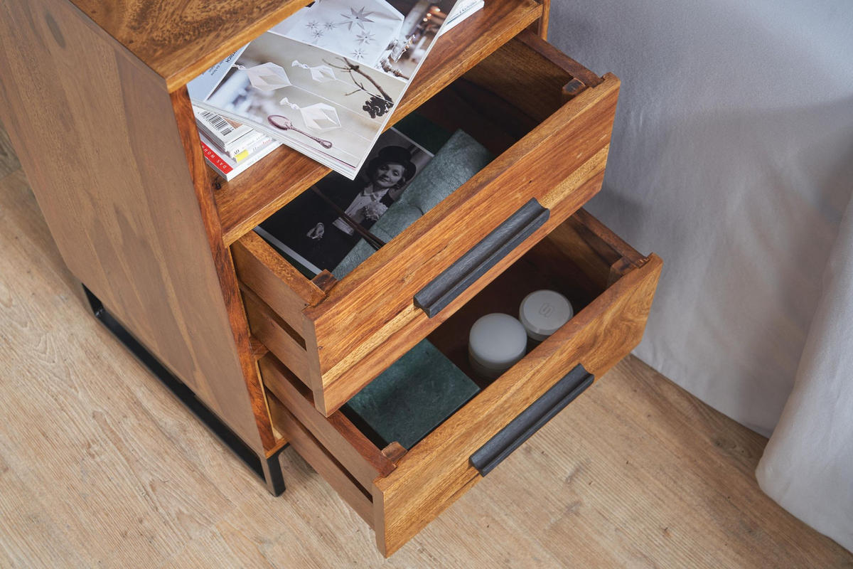 NACHTTISCH – Massivholz/Metall, Industrial-Stil, für Boxspringbett - Schwarz/Braun, Holz/Metall (40/66/35cm) - KADIMA DESIGN