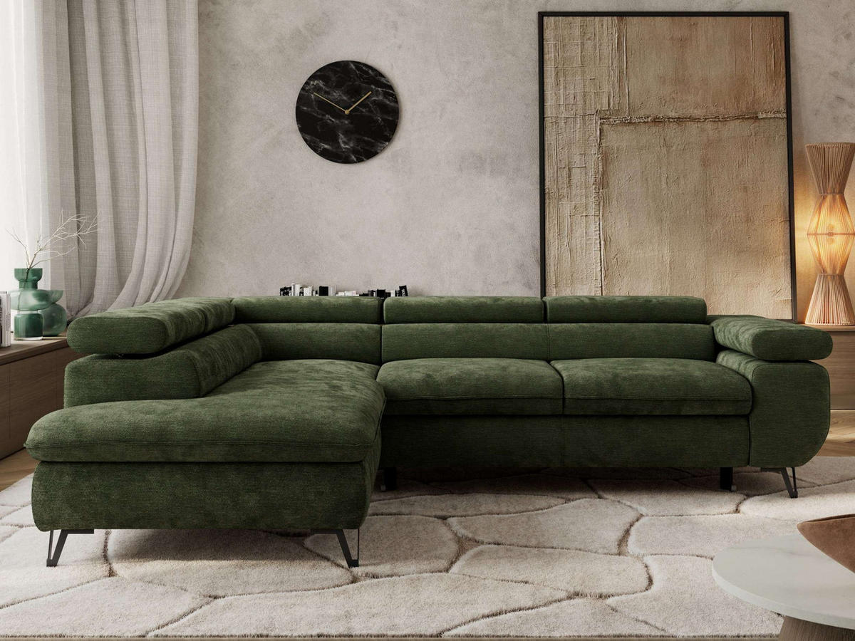 ECKSOFA PABLO L Dunkelgrün Schenille glatt - Links Seite mit T25 Topper - Dunkelgrün/Schwarz, Textil/Metall (208/273cm) - MKS