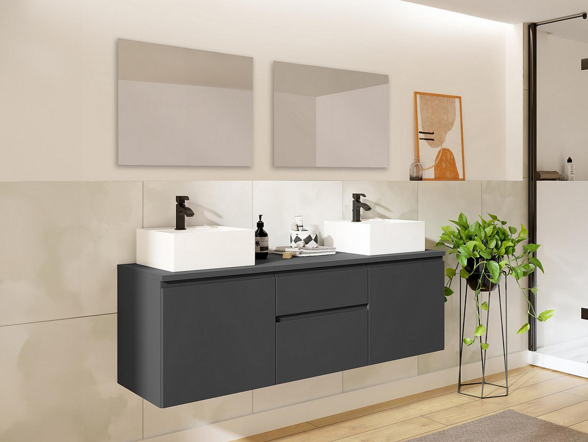 DOPPELWASCHTISCH - 150 cm x 50 cm - Holz, Platte - Grau - JIMENA - Grau, Holz (150/46/50cm) - Vente-Unique