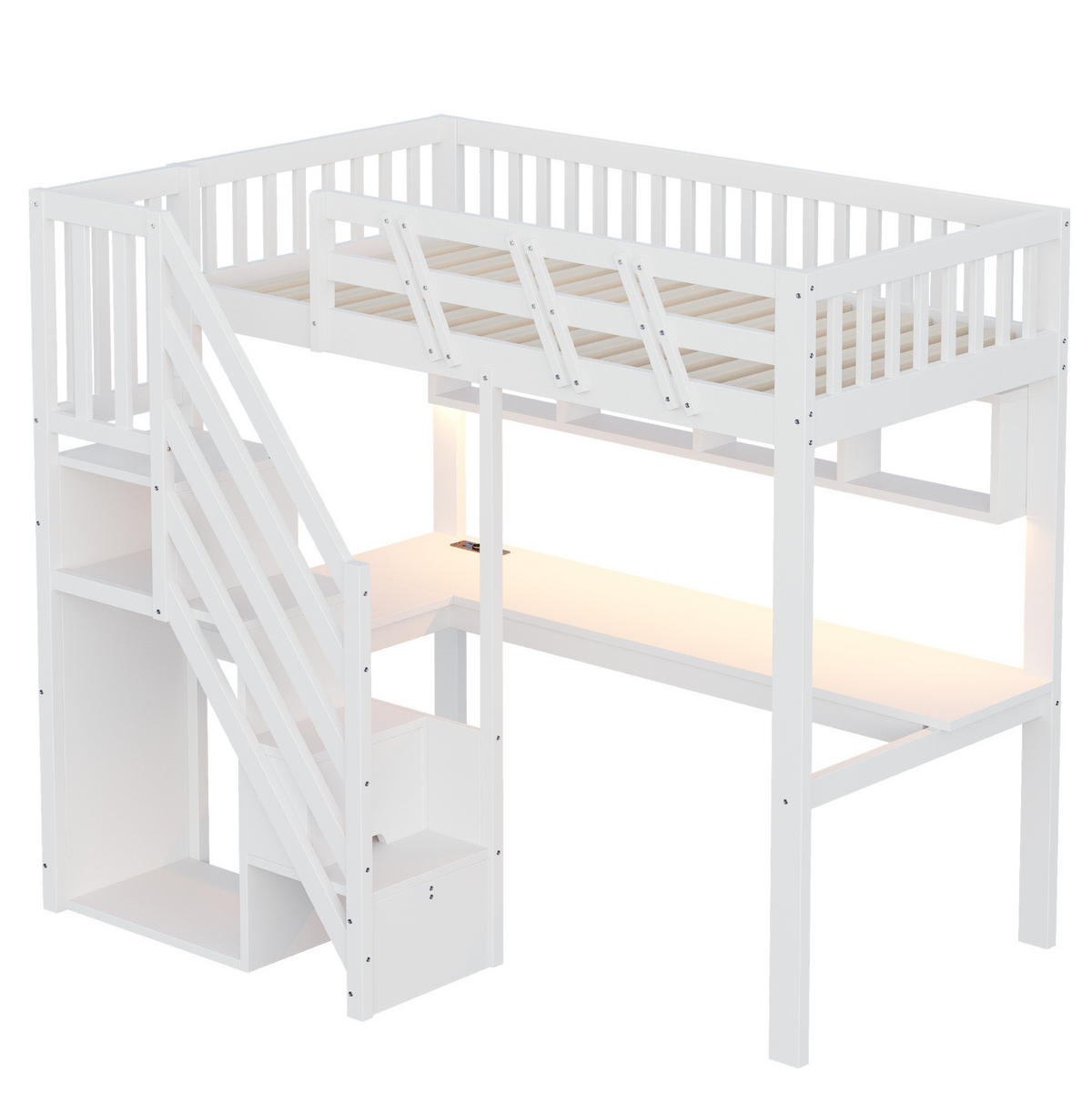 HOCHBETT 90/200 cm mit Schreibtisch, LED, Steckdosen und Aufbewahrungstreppe, Weiß - Weiß, Holzwerkstoff (90/200cm) - Redom