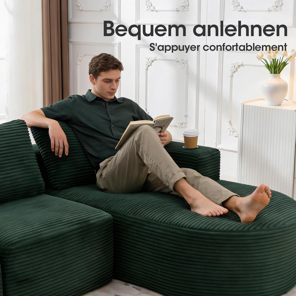 2-SITZER ECKSOFA Cord Retrogrün mit 3 Kissen und 2 Becherhalter - Jadegrün, Textil (265/176cm) - WISHDOR