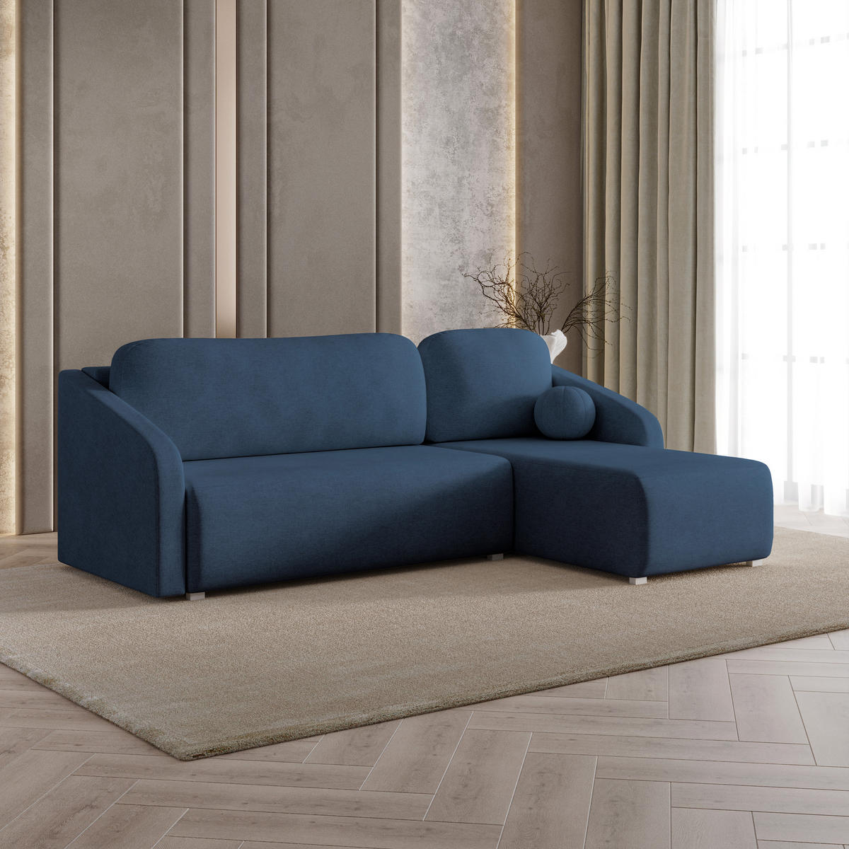 ECKSOFA MARELLO Blau Geflochtener Stoff mit Schlaffunktion - Blau, Holz (220/143cm) - MASSENO