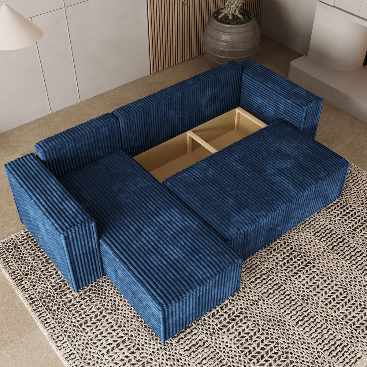 ECKSOFA RAVELO T Blau Kordstoff mit Schlaffunktion - Blau, Holz (240/140cm) - MASSENO