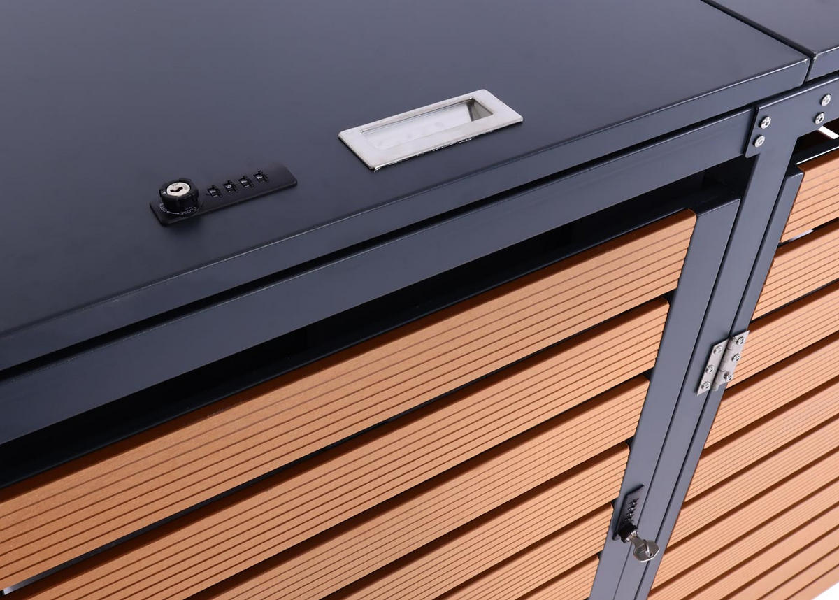 MÜLLTONNENBOX 3er HxBxT 119x205x84cm Teak-Optik WPC Metall 109kg - Teakfarben, Metall (205/119/84cm) - PROREGAL