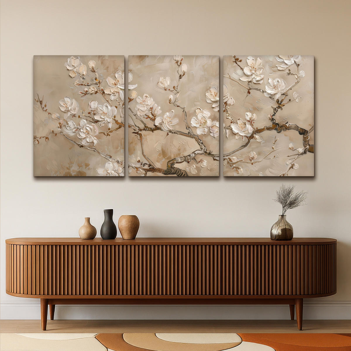 LEINWANDBILD 3er Set Beige - Blüte - Modern 180x80 cm - Greige, Textil (180/80cm) - MuchoWow