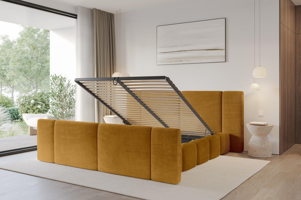 POLSTERBETT mit Bettkasten, Fußteil und Lattenrost, Bett mit Matratze H3/H4 - NILO-Z 200x200 Senfgelb - Currygelb, Holzwerkstoff/Textil (200/200cm) - ALTDECOR