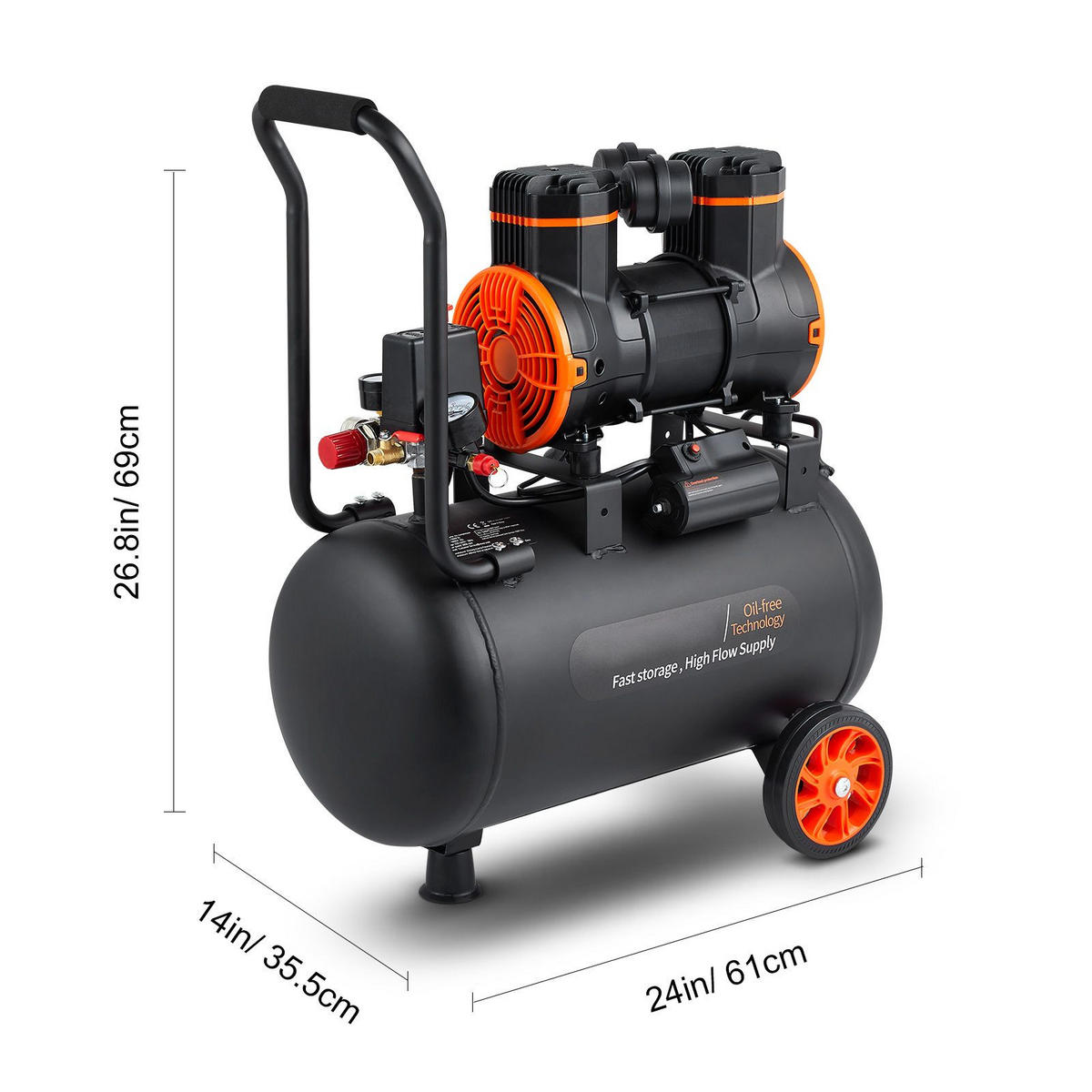 TISCHLERWERKZEUGELUFTKOMPRESSOR 35,2L Ölfrei-1800W Leiser-Druckluftkompressor 70dB 90PSI - Schwarz, Metall (20/30/10cm) - Raelunyi