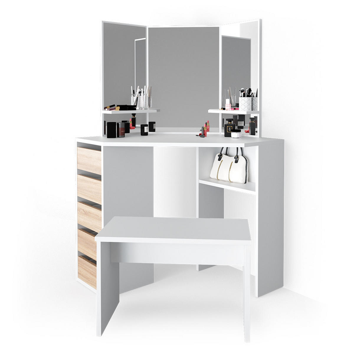 ECKSCHMINKTISCH Arielle Weiß/Sonoma 110 cm mit Bank - Weiß/Sonoma Eiche, Holzwerkstoff (110/141.5/54cm) - Vicco