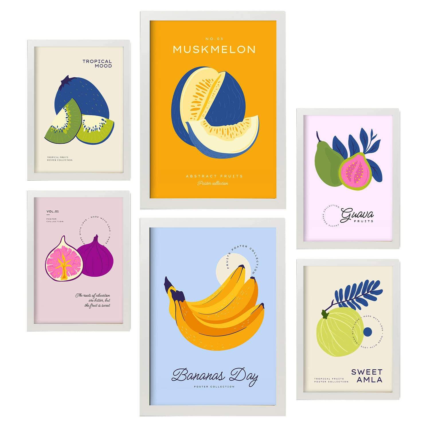 POSTER Set Mit 6 Lebensmittel Und Ernährungs Tropische Früchte A3 & A4 Weißer Rahmen - Weiß, Papier (29/3cm) - Nacnic