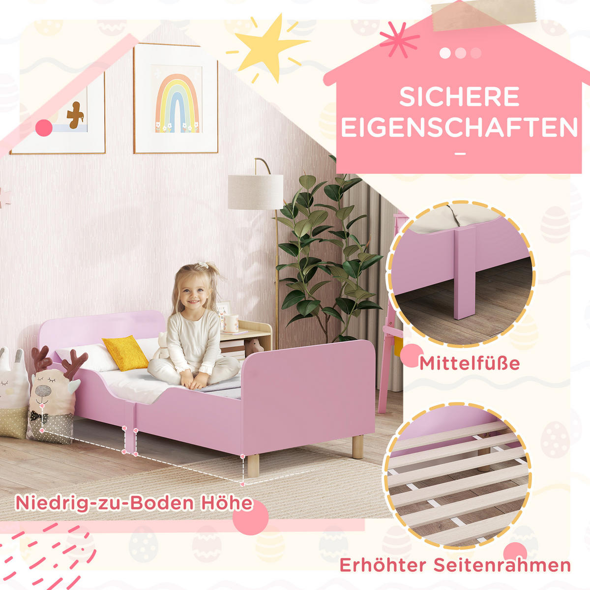 KINDERBETT mit Rausfallschutz, Lattenrost, 140 x 70 cm Jugendbett aus Holz - Naturfarben/Rosa, Holzwerkstoff (70/140cm) - AIYAPLAY