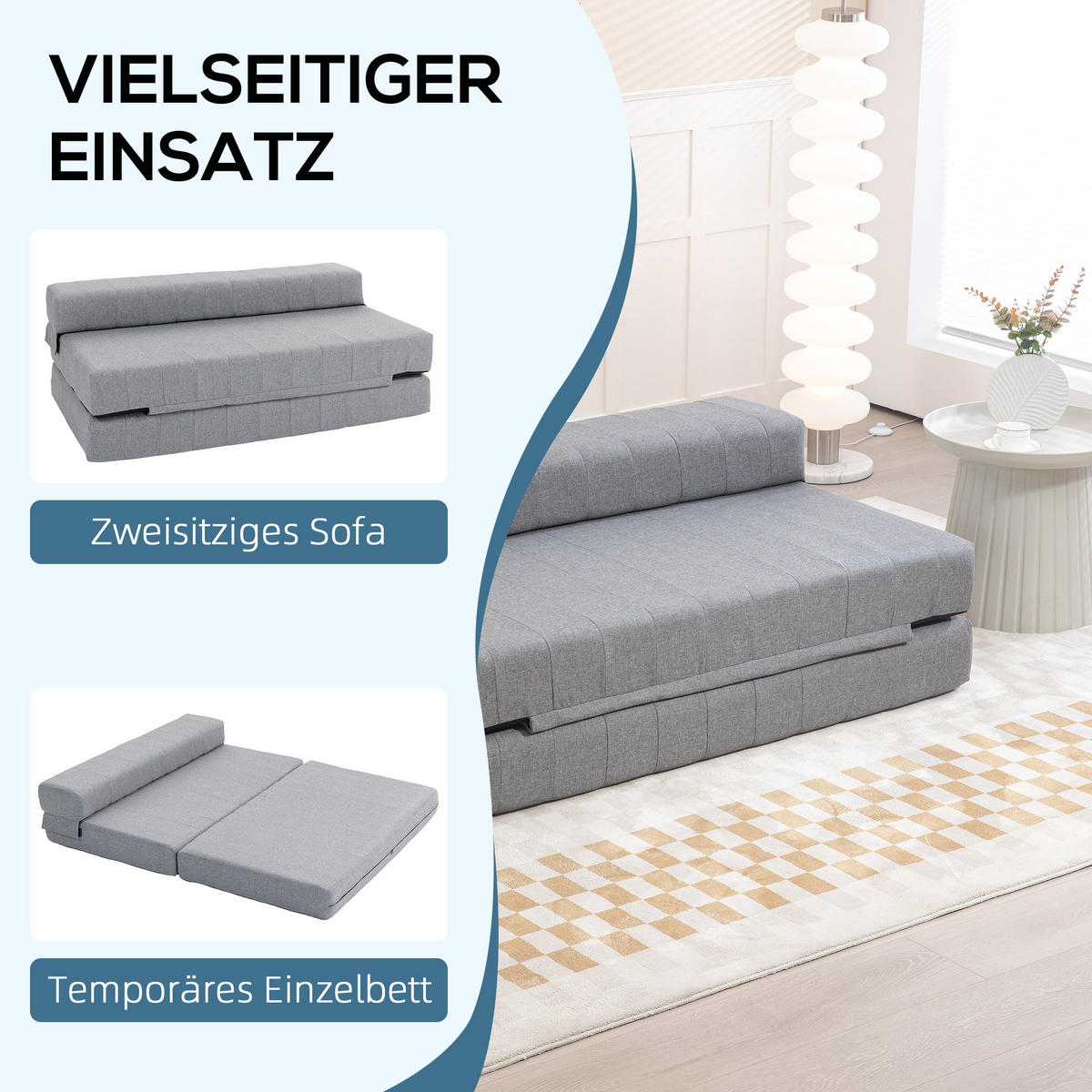 BODENSOFA 2-in-1 Klappbar Schlafsofa mit Leinenoptik für Wohnzimmer Grau - Grau, Textil (80/50/138cm) - HOMCOM