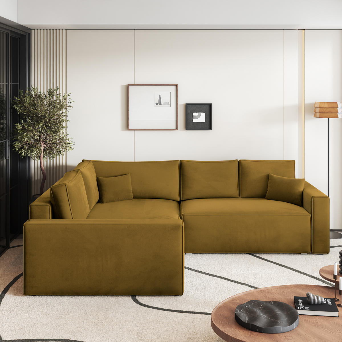 ECKSOFA ERONIS L-S Gelb Velours-Stoff mit Schlaffunktion - Gelb, Holz (265/194cm) - MASSENO