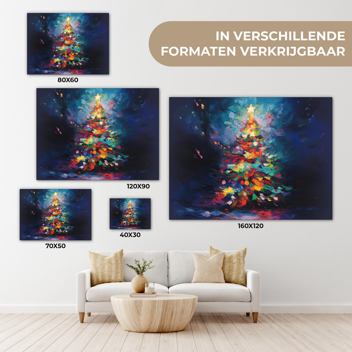 LEINWANDBILD Weihnachtsbaum - Weihnachten - Abstrakt - Farbenfroh Wandbild 40x30 cm - Multicolor, Textil (40/30cm) - MuchoWow