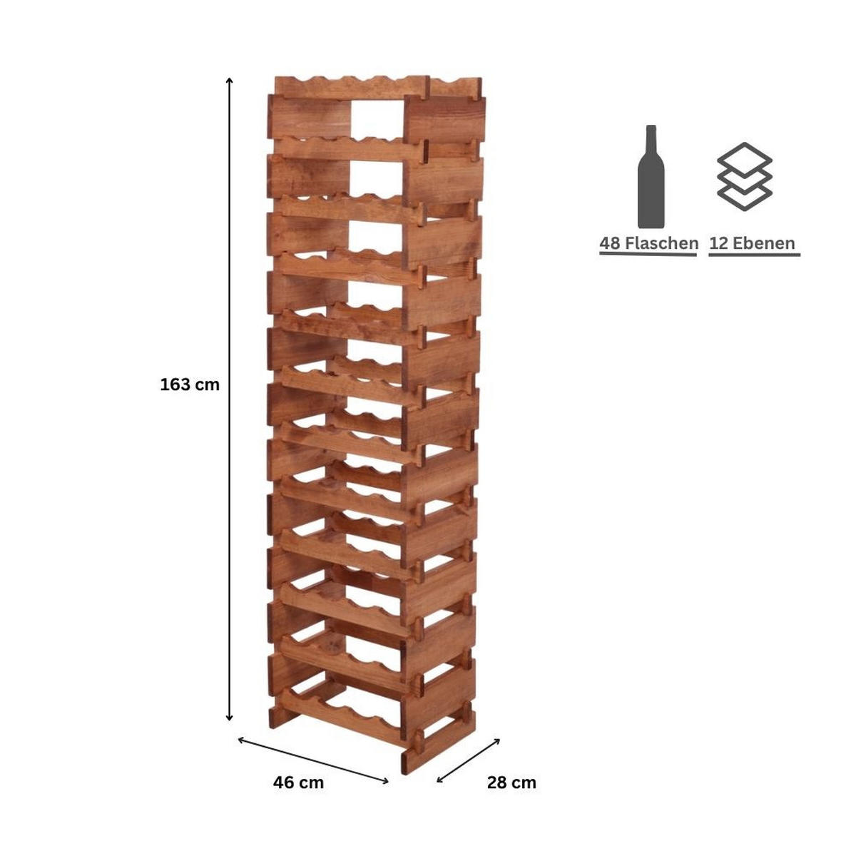 WEINREGAL VINOTECA FLEX PRO HxBxT 163x46x28cm 48 Flaschen auf 12 Ebenen Braun geölt - Braun, Holz (46/163/28cm) - PROREGAL