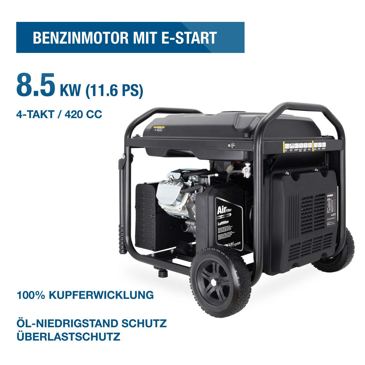 INVERTER-GENERATOR HY8000iE (8.0 kW, E-START, 2 x 230V, ECO-Modus) - Schwarz, Metall (63.5/52.5/56.8cm) - HYUNDAI