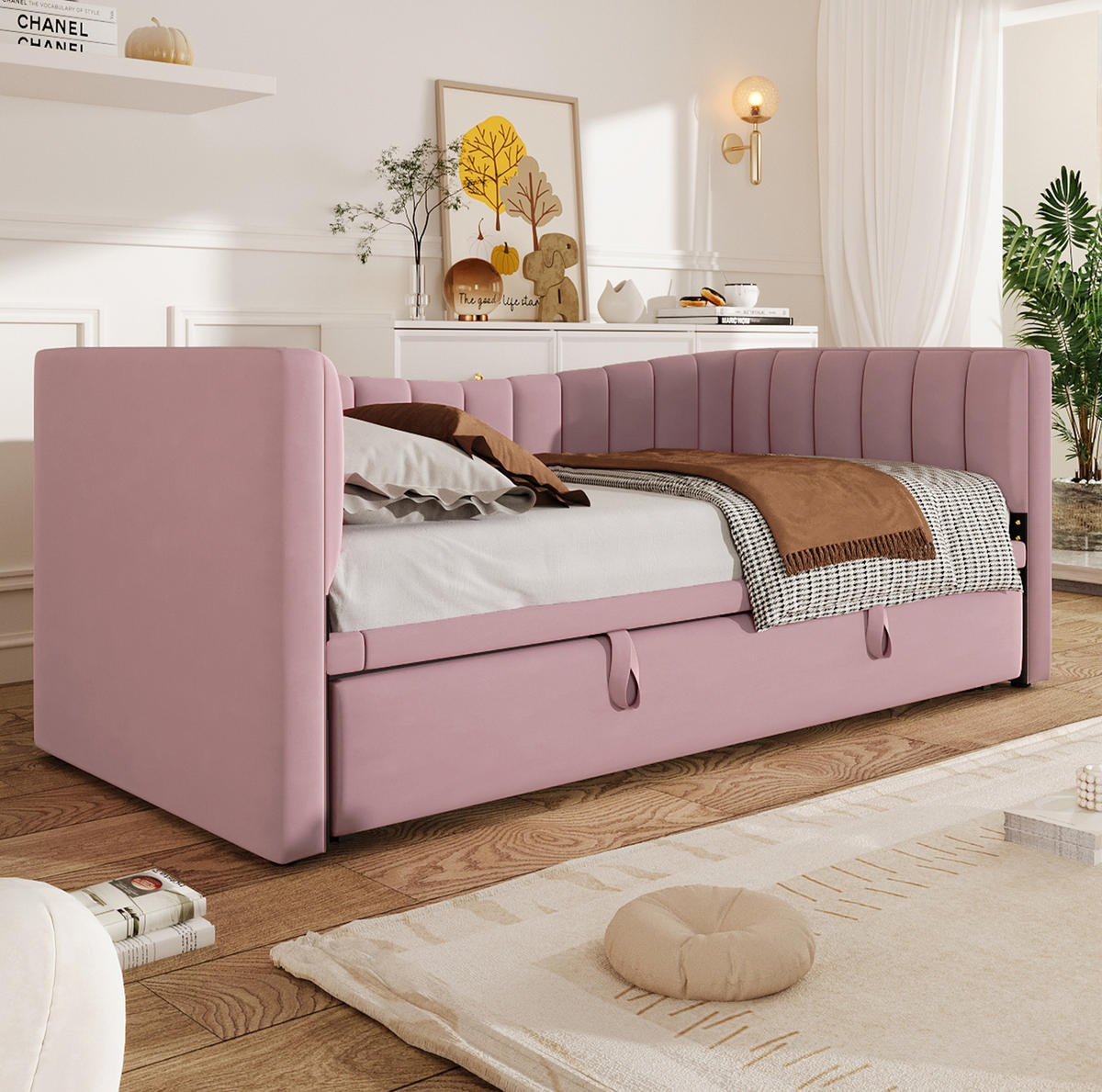 TAGESBETT 90/200 cm mit ausziehbarem Rollbett, Samtbezug und MDF-Gestell, Rosa - Rosa, Textil (180/200cm) - Redom