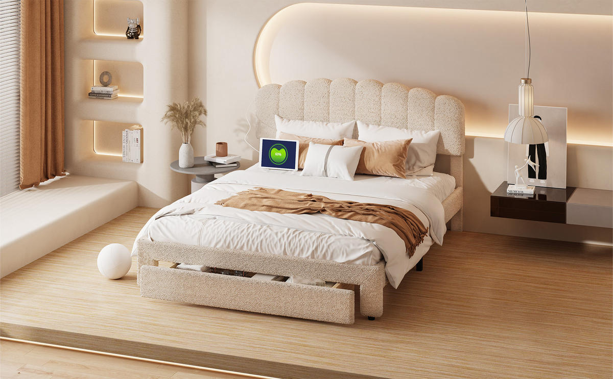 POLSTERBETT 140x200 cm Beige Teddy USB Schublade - Beige, Holz (140/200cm) - SHOPENTRA