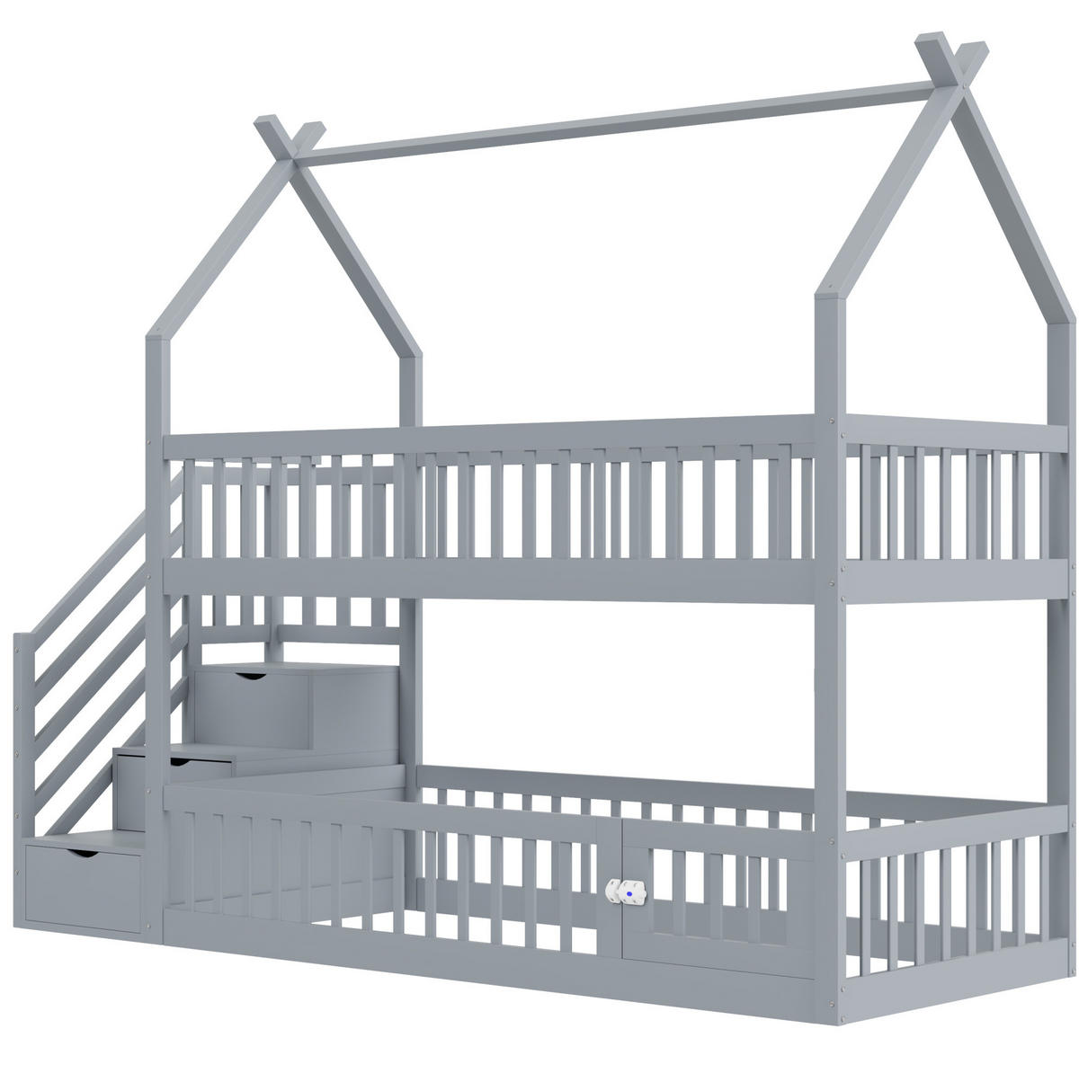 HAUSBETT 90/200 cm Grau mit Dach, Treppe und Schubladen - Grau, Holz (90/200cm) - Flora Grace